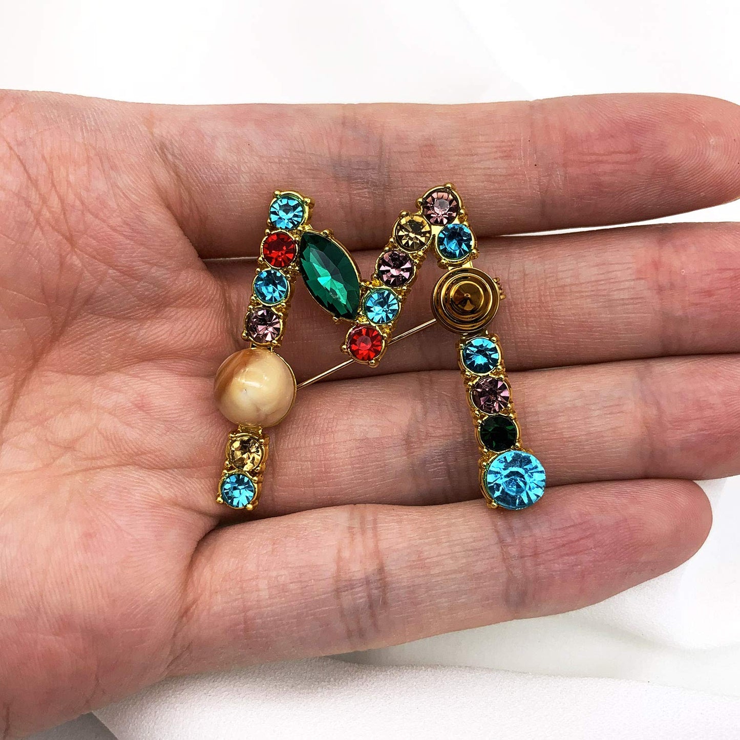 XGALBLA Letters M Plated Metal Stone Clear Colorful Crystal Lapel Pin Brooches Collar(Gold Tone)