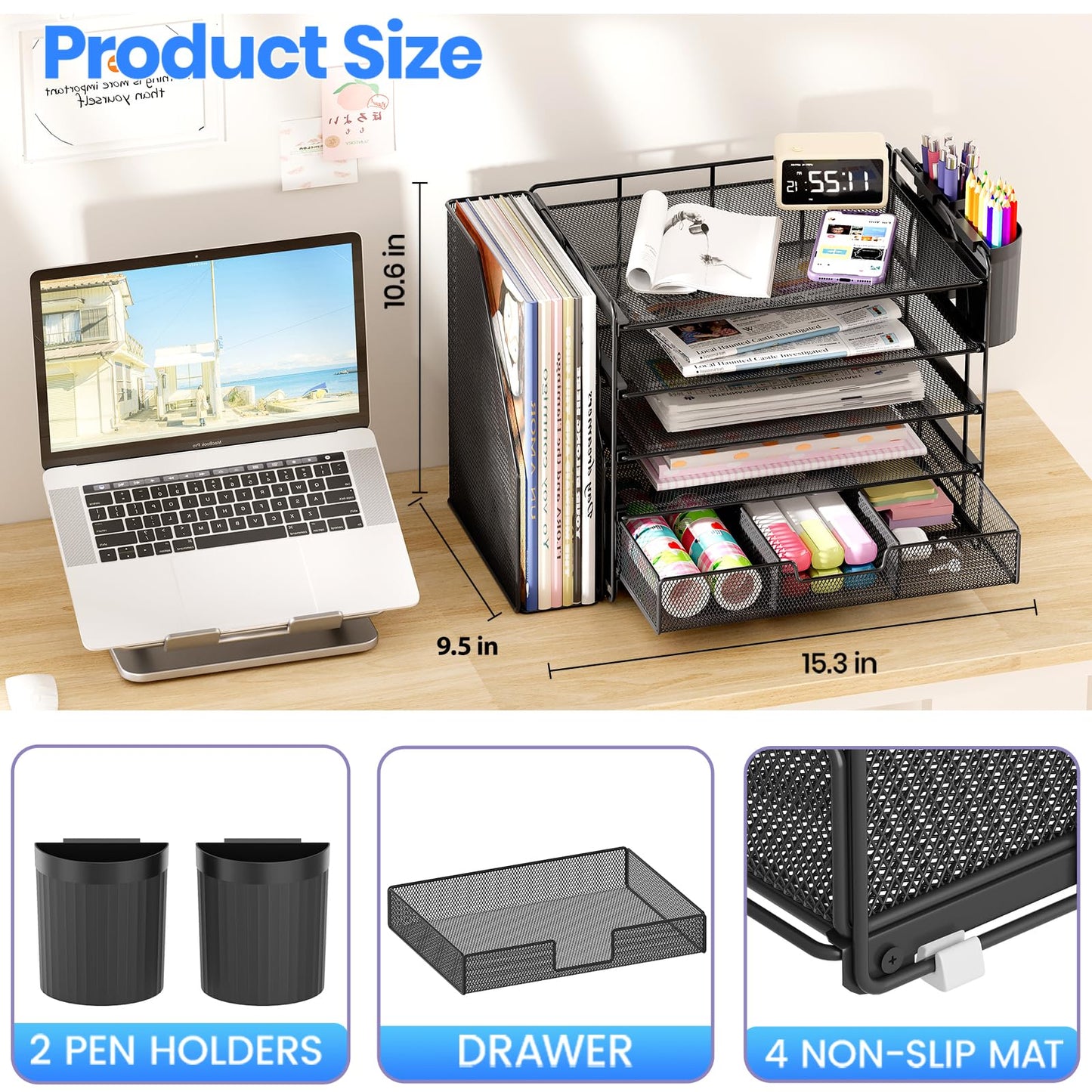 OPNICE Desk Organizer, 5-Tier Paper File Organizer with Drawer & Pen Holder, Office Desk Accessories, Workspace Desktop Organizer for Office Supplies(Black)
