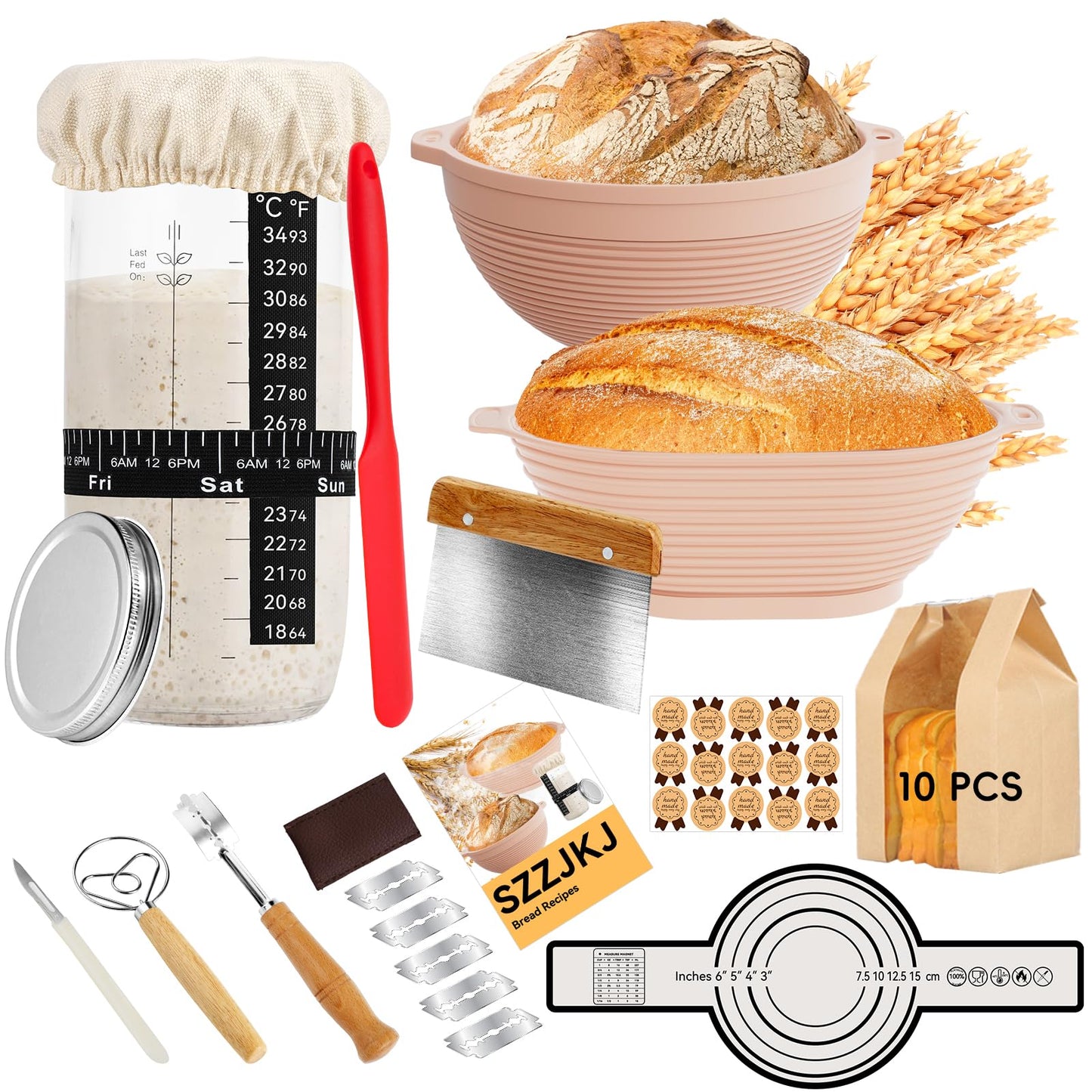 Sourdough Starter Kit, 24PCS Sourdough Bread Baking Supplies, 9"Round & 11"Oval Banneton Bread Proofing Basket, Bread Sling, Starter Jar, Whisk, Scrapers, Bread Lame, Bag, Sour Dough Making Tools Kit