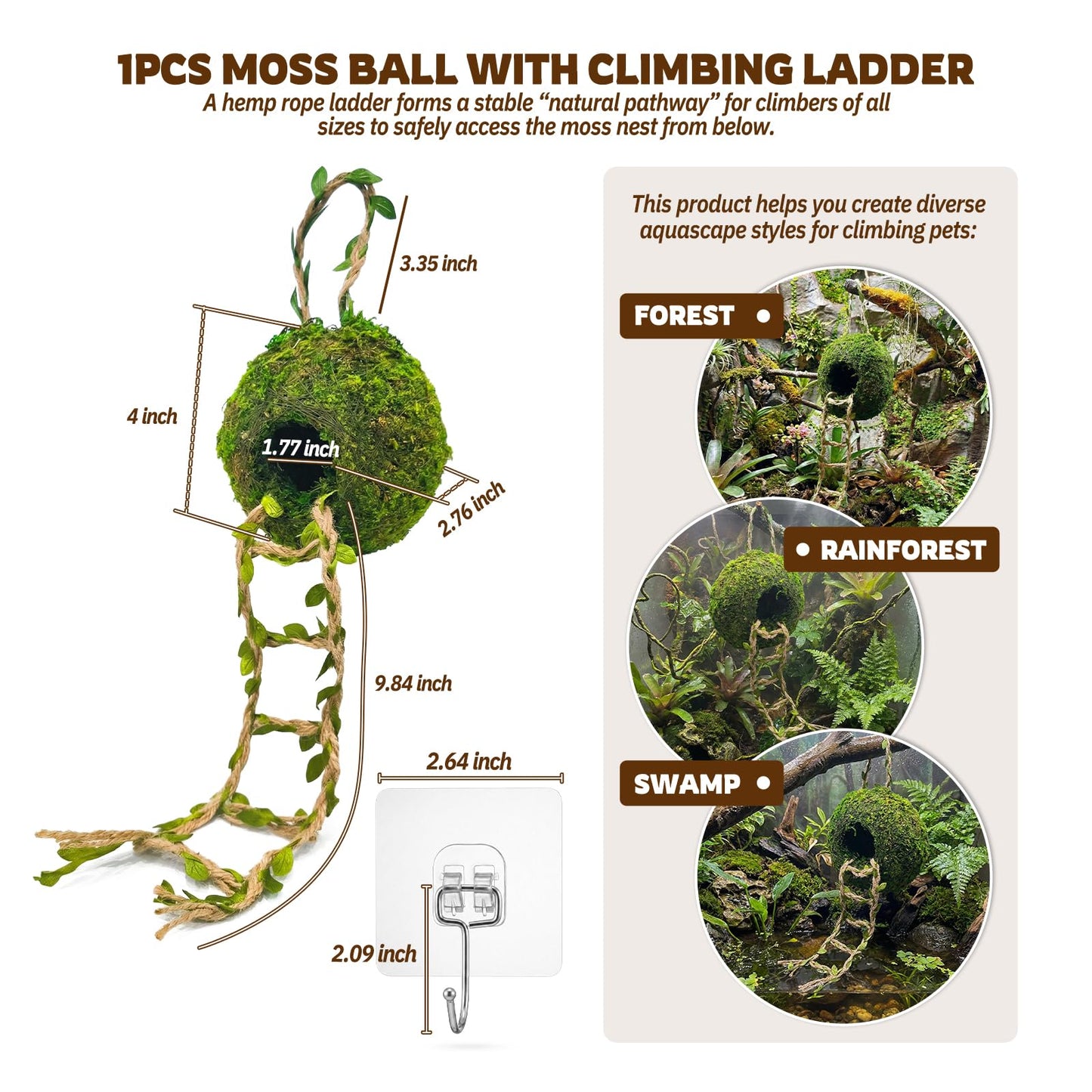 Moss Cave Hideout with Hanging Rope & Hemp Climbing Ladder – Natural Reptile Tank Decor Accessories for Crested Geckos, Chameleons, Tree Frogs, Leopard Geckos & Snakes. Terrarium & Vivarium Decor (4")