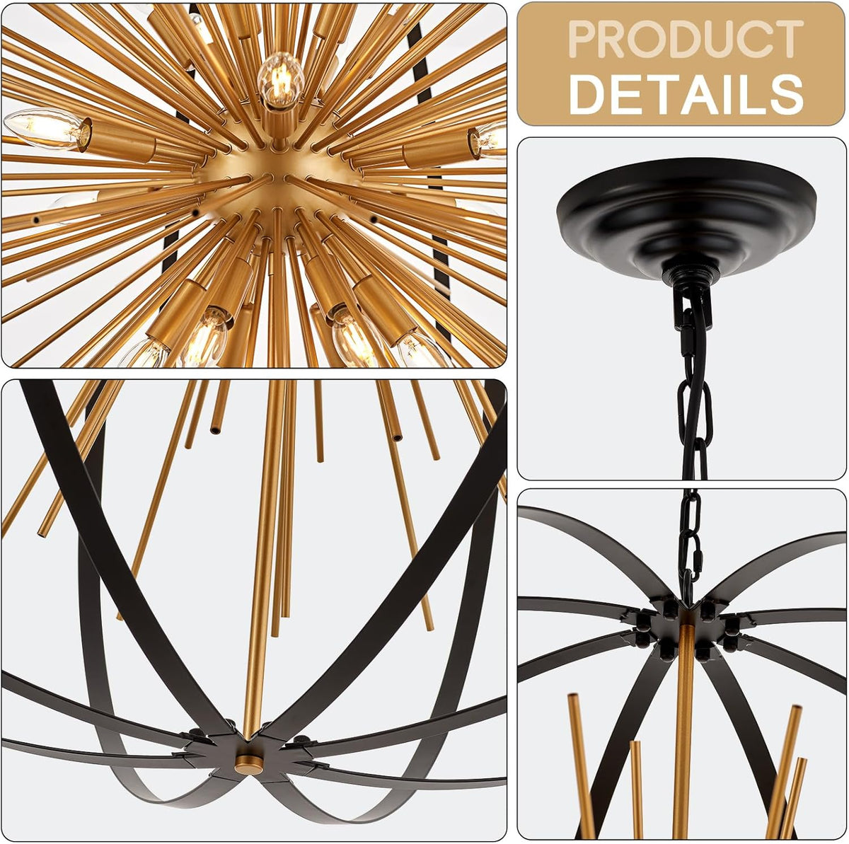 43.3" Black Gold 18-Light Globe Sputnik Chandelier Modern Adjustable Hanging Ceiling Firework Pendant Light Fixture for Entryway Foyer Stairway Kitchen Dining Living Room Hallway