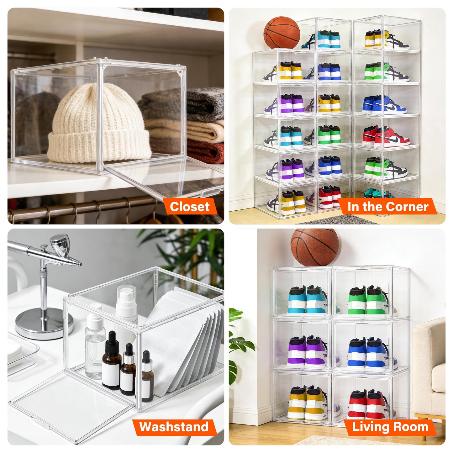 2 Pack Drop Front Shoe Boxes Fit US Size 13, Acrylic Shoe Organizer Clear Stackable Sneaker Sotrage Box for Entryway, Home, Underbed, Multiple Display Cases for Cosmetic, Hats, Figures, Sneakers