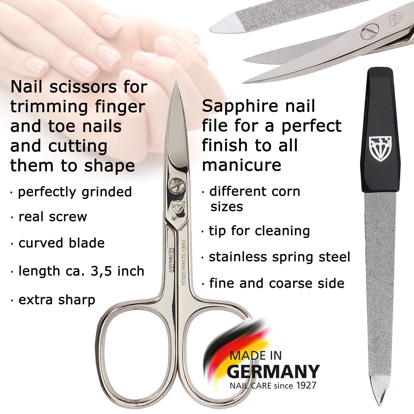 3 Swords Germany - brand quality 3 piece manicure pedicure grooming kit set for professional finger & toe nail care scissors file genuine leather case in gift box, Made in Solingen Germany (03737)