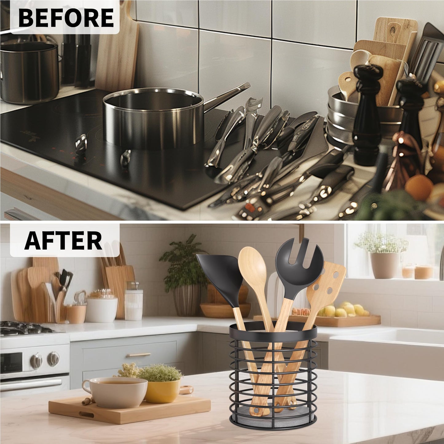 DTONIMA Utensil holder - Large Round Utensils Holder with Diatomaceous Base Matte Black Cooking Utensil Holder,Kitchen countertop Utensil Organizer (Metal)