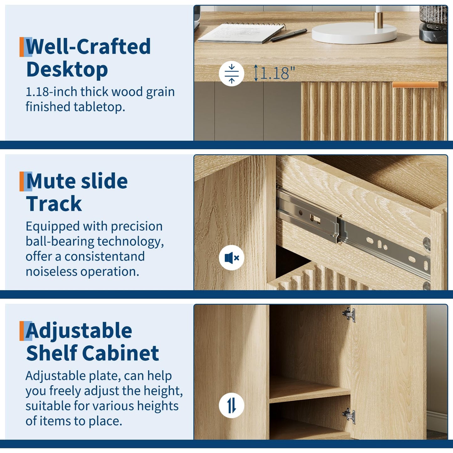 IDEALHOUSE Fluted Executive Desk with Drawers, 60" Modern Home Office Desk with Storage Cabinet, Wood Fluted Computer Desks Workstation for Working, Studying, Writing, Natural Oak