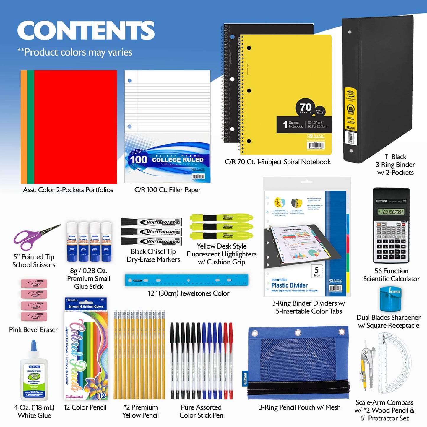 BAZIC PRODUCTS Middle & High School Kit Supply Box, 65-Count Student Set for Grades 7–12, Complete School Supply Kit with Middle School Supplies, Organized Supply Box for Highschool, 1-Pack