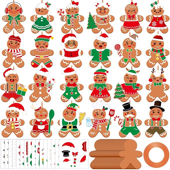 Frienda 48 Set Christmas Gingerbread Craft Kit Make a Gingerbread Man Ornament Stickers Bulk DIY Arts and Crafts for Xmas Tree Decoration Fun Christmas Party Favors Home Game Activities