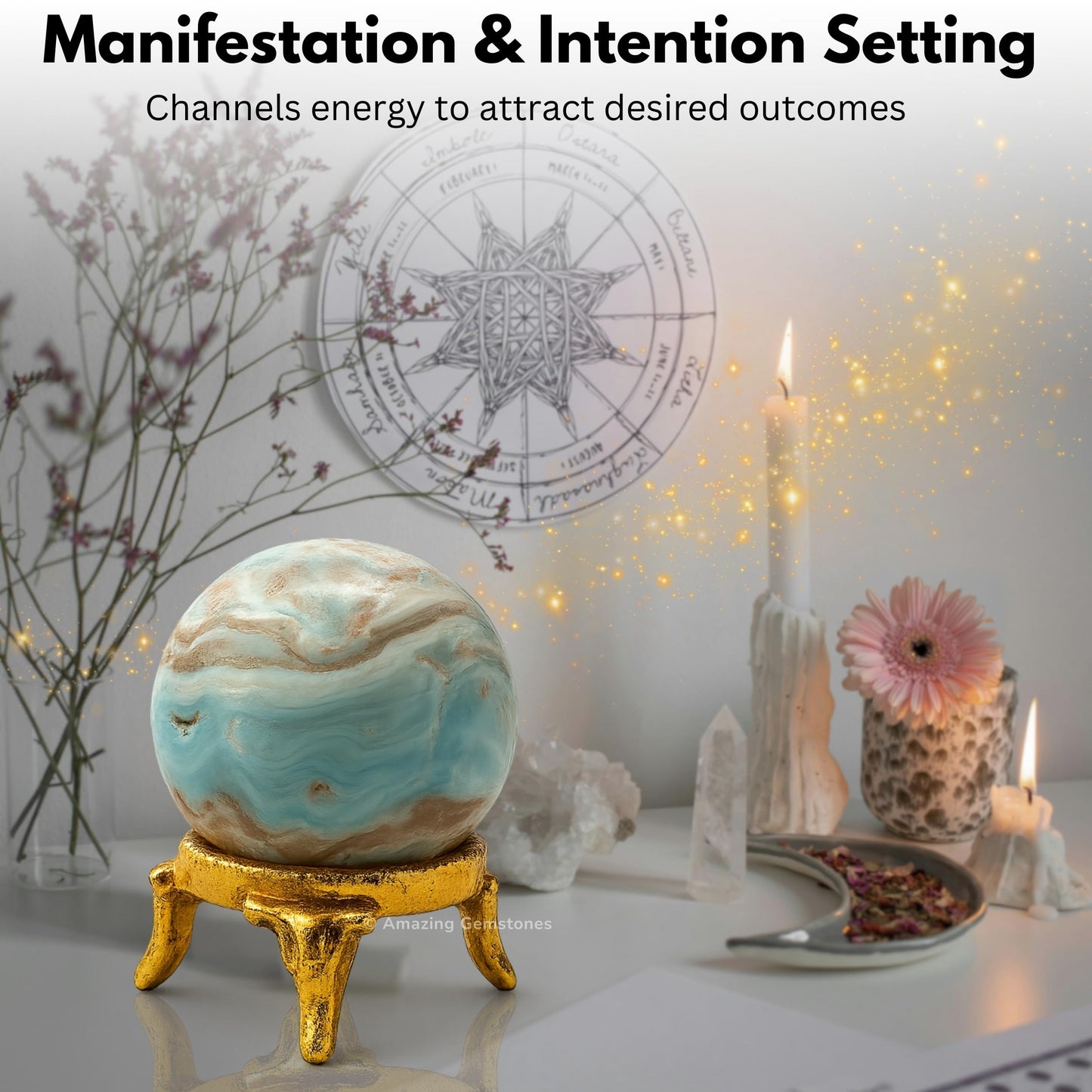 Amazing Gemstone Caribbean Calcite Crystal Ball with Stand - 2" Inches Crystal Sphere Meditation Balls for Witchcraft and Decorative Balls
