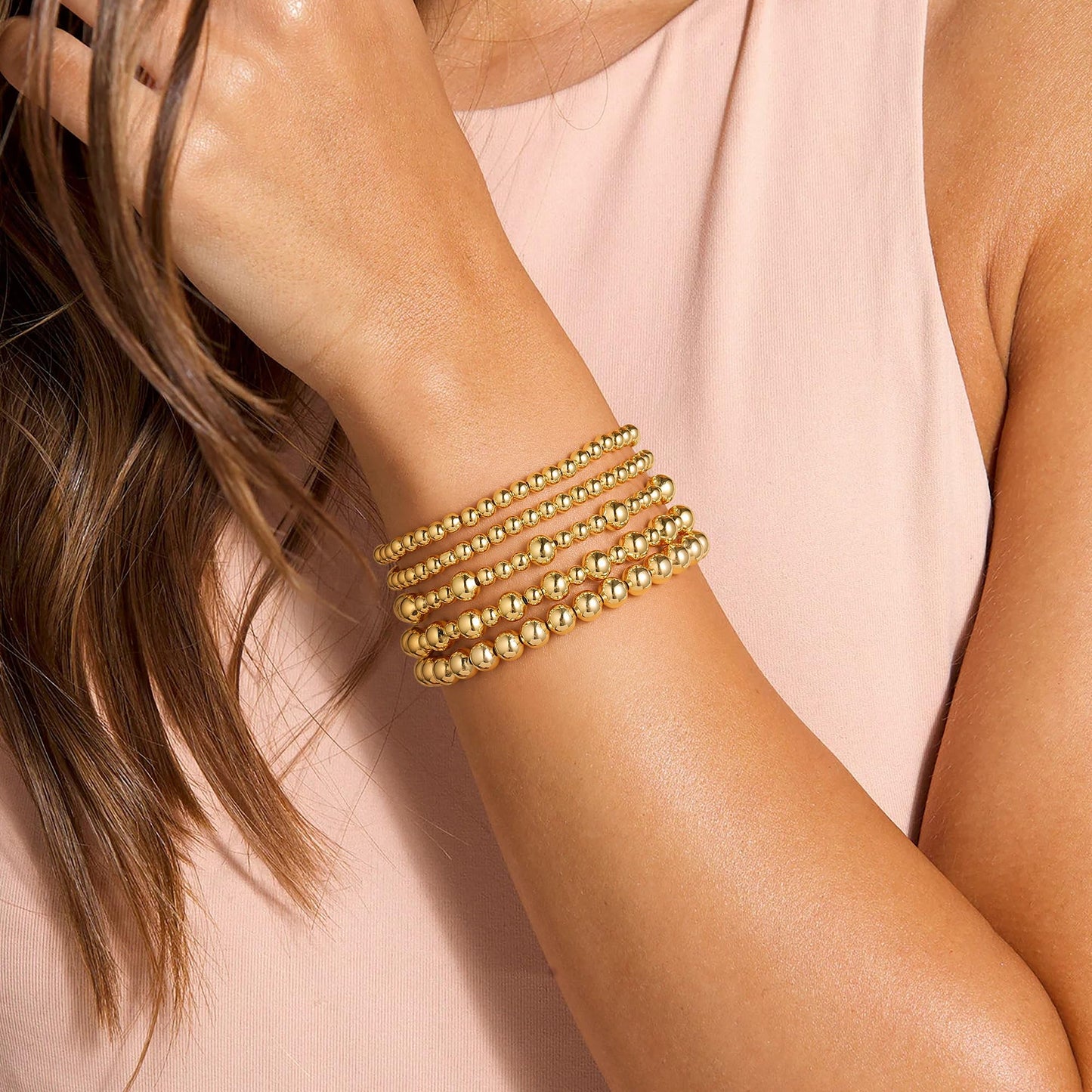 Yoosteel Gold Beaded Bracelets Set for Women - 14k Gold Plated Dainty Round Beaded Bracelet for Women Simplicity Stackable Jewelry Gifts（5 Pcs）