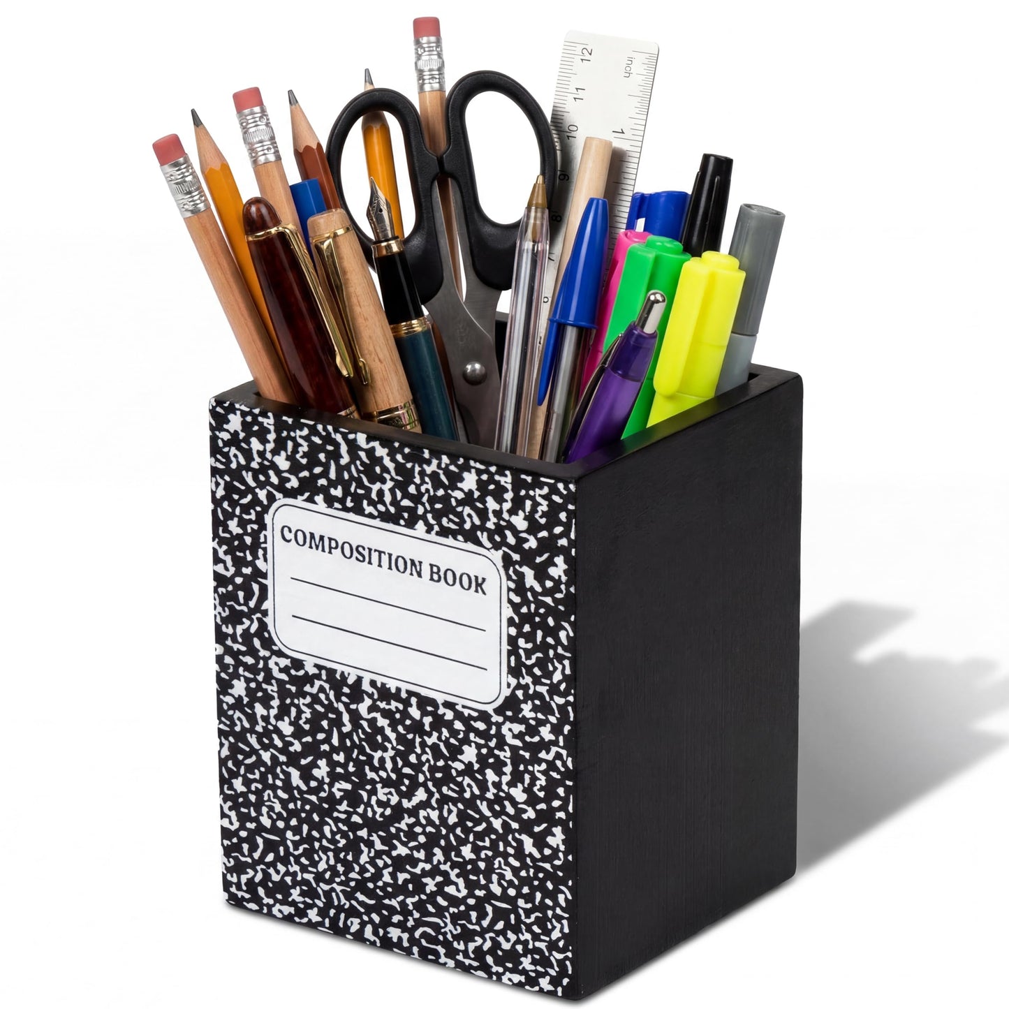 MALLMALL6 Composition Pencil Holder - Teacher Appreciation Gift Wooden Pen Holder, Back to School Square Shape Caddy Case for Teacher Student, Desktop Storage Organizer for Classroom Office Decor