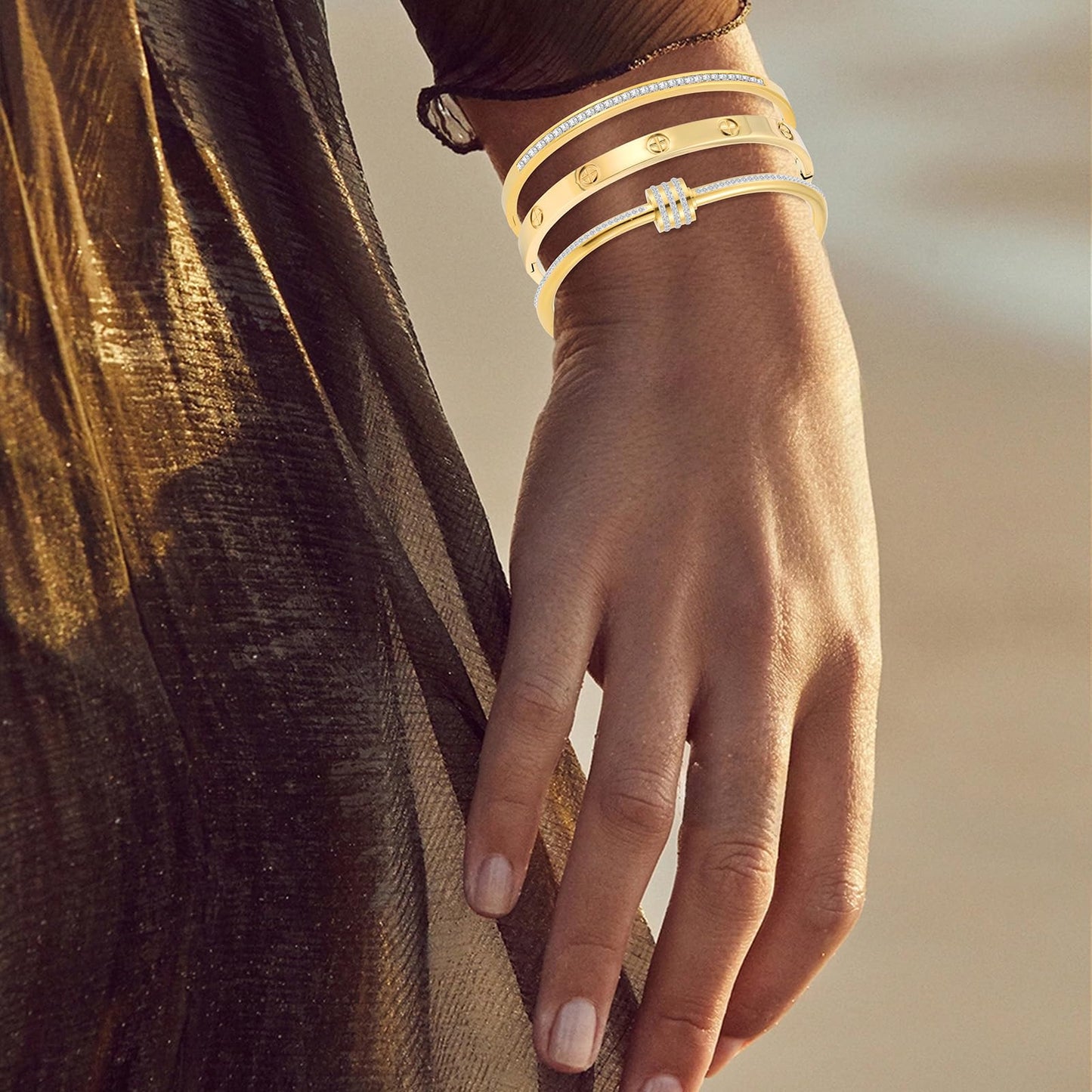 Camhanno Gold Bracelets for Women - Crystal Stackable Bangles with Friendship & Love Theme - Stainless Steel Jewelry, Ideal Birthday Gift (Style 5)
