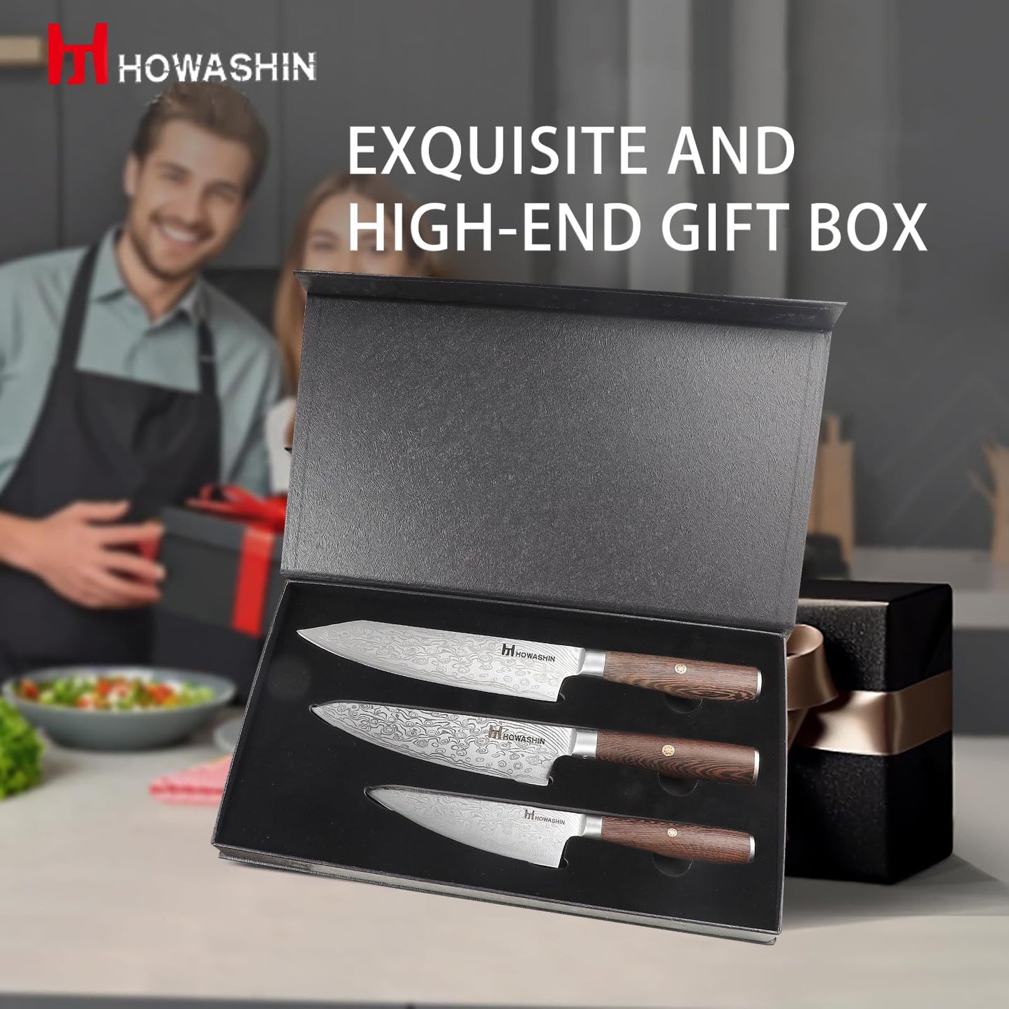 Howashin Kitchen Knife Set,High Carbon Stainless Steel Chef Knife Set,Sharp Forged Blade Professional Kitchen Knives Set with Ergonomic Handle, 3PCS Knives Set for kitchen with Gift Box