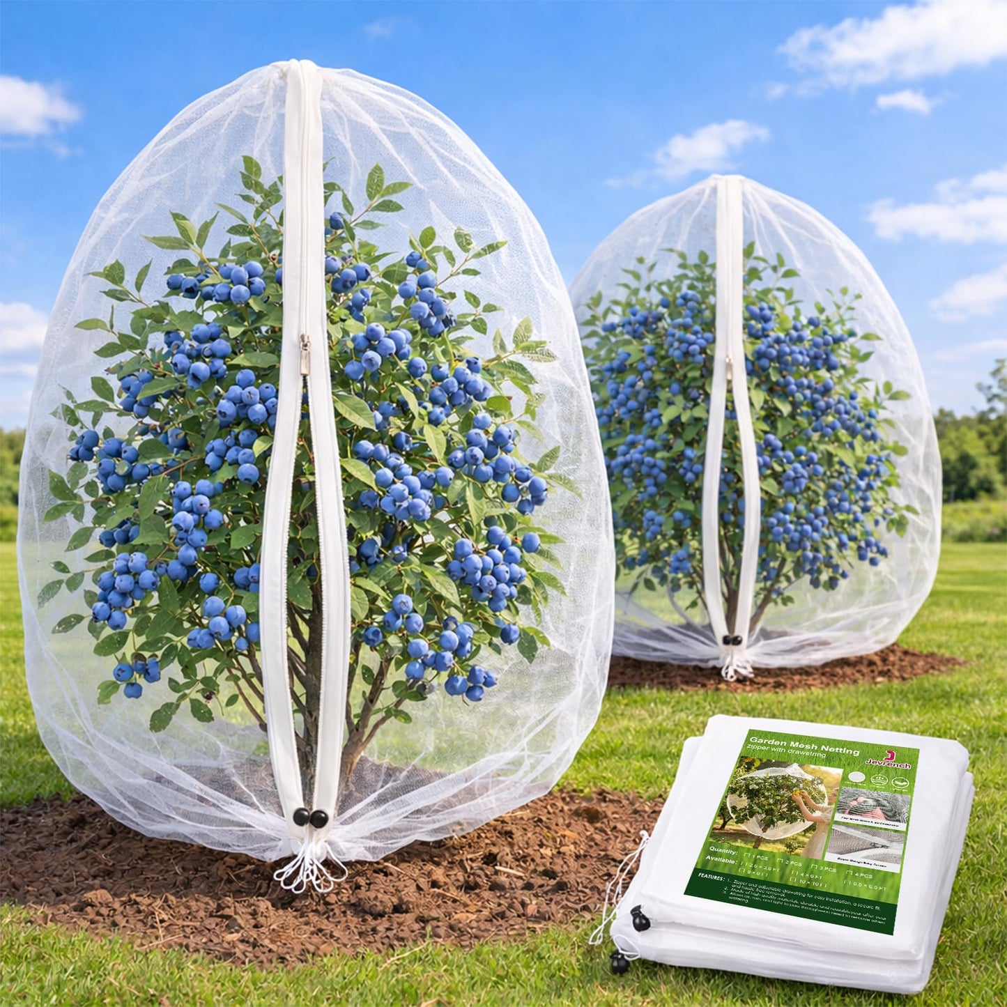 Jevrench 2 Pack 2.6 x 3.6ft Garden Netting for Plants, Fruit Tree Netting with Zipper & Drawstring, Bird Netting for Garden Protection, Blueberry Bushes, Tomato Plants & Fruit Trees