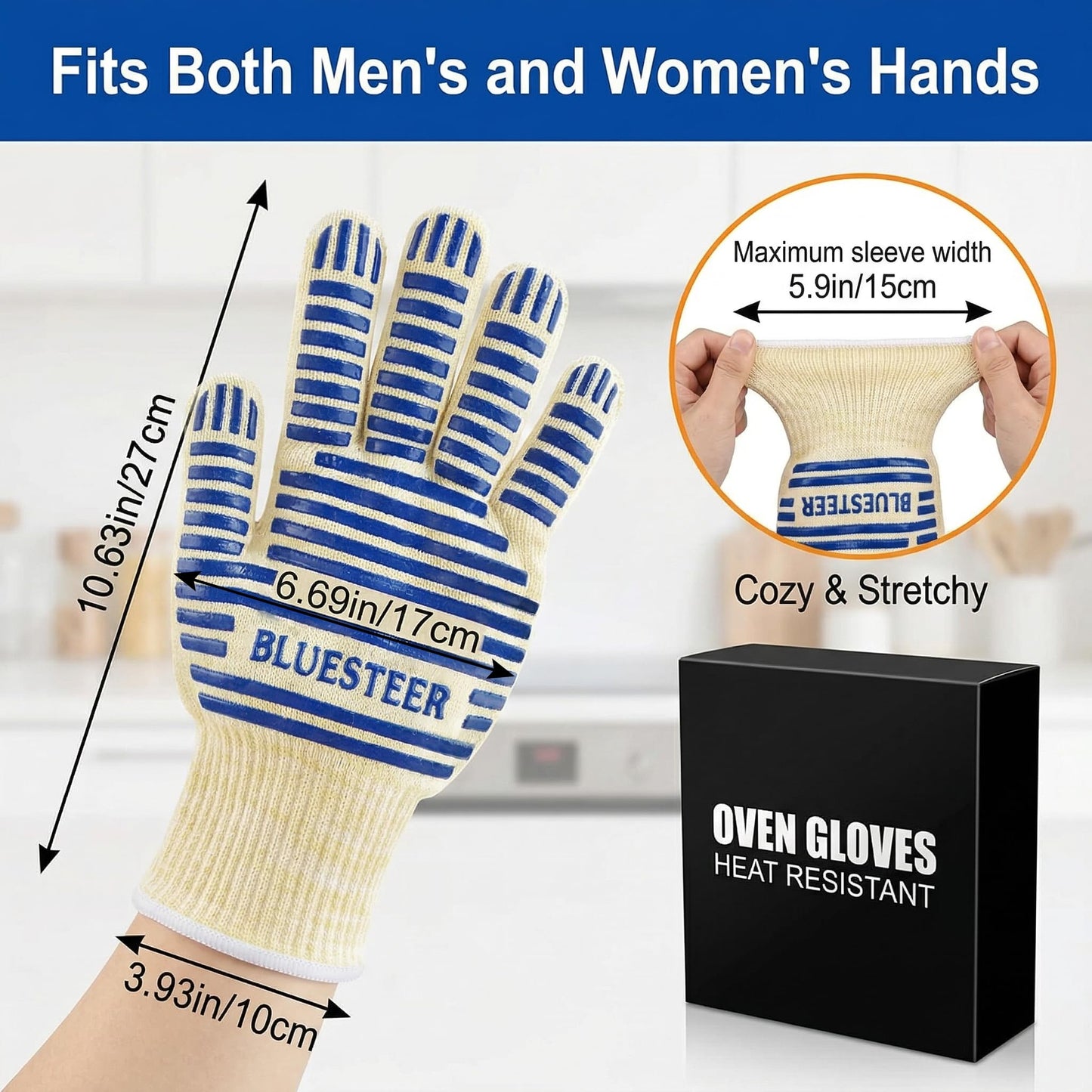 Oven Gloves, Heat Resistant 540 Degrees Grilling Gloves, Hot Surface Handler Non-Slip Silicone Oven Mitts with Fingers, BBQ Gloves for Cooking/Kitchen/Baking, Pack of 2