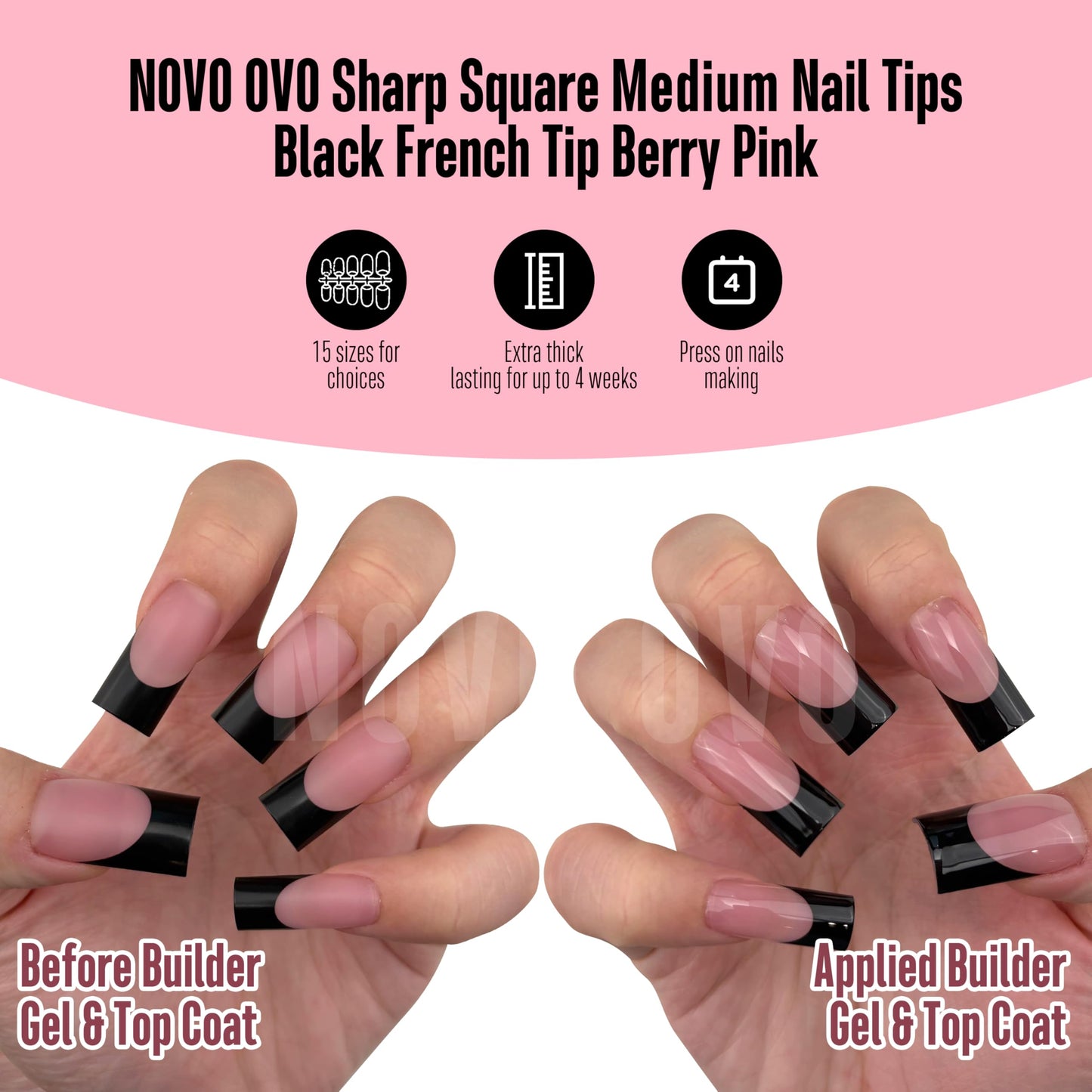 NOVO OVO Medium Sharp Square Black French Tip Nail Tips Press on BERRY PINK, Extra Thick NEED Builder Glue Gel & Top Coat, Soft Gel Full Cover False Fake Nail Extension for Salon DIY x 15 Sizes 180 pc