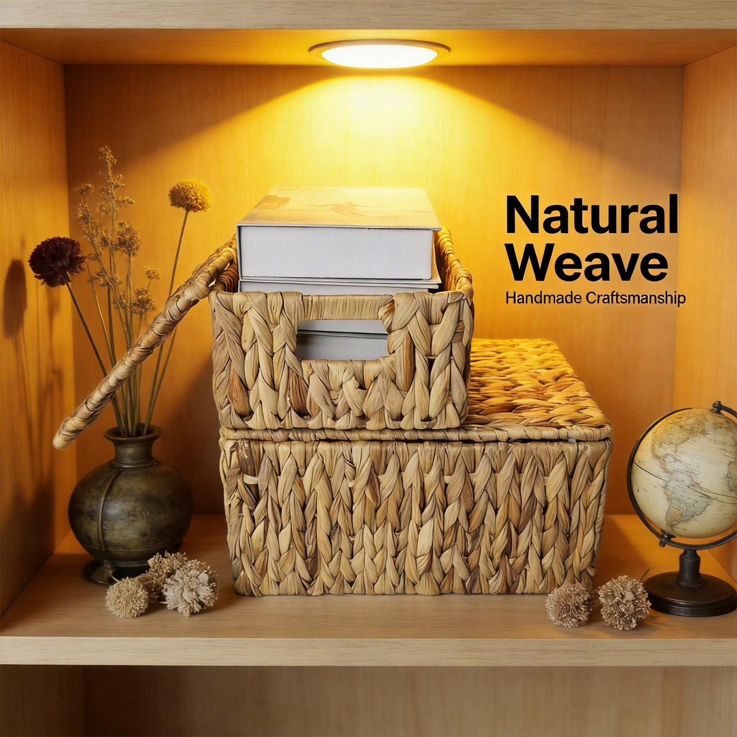 Wicker Storage Baskets With Lid,Set of 3 Rectangular Rattan Basket Decorative Boxes with Handles,Large Storage Box Hyacinth Wicker Baskets For Shelf Organizer, Nursery Room,Bathroom,Living Room
