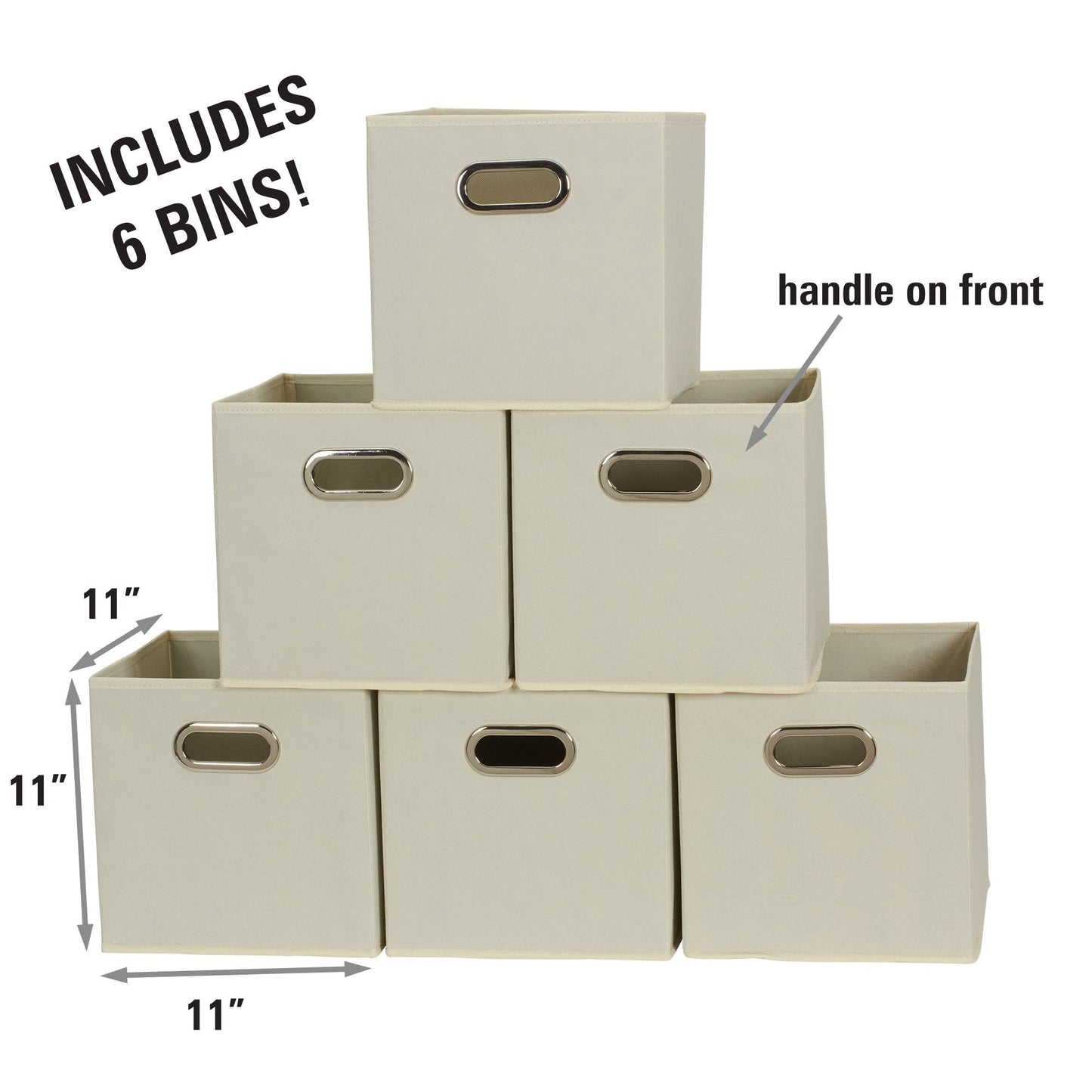 Fabric Storage Bins 6 Piece Set, Strong Poly-Woven Fabric, Sturdy Chipboard Sides, Grommet Front Handle, Stackable and Foldable, Classic Design, Cream