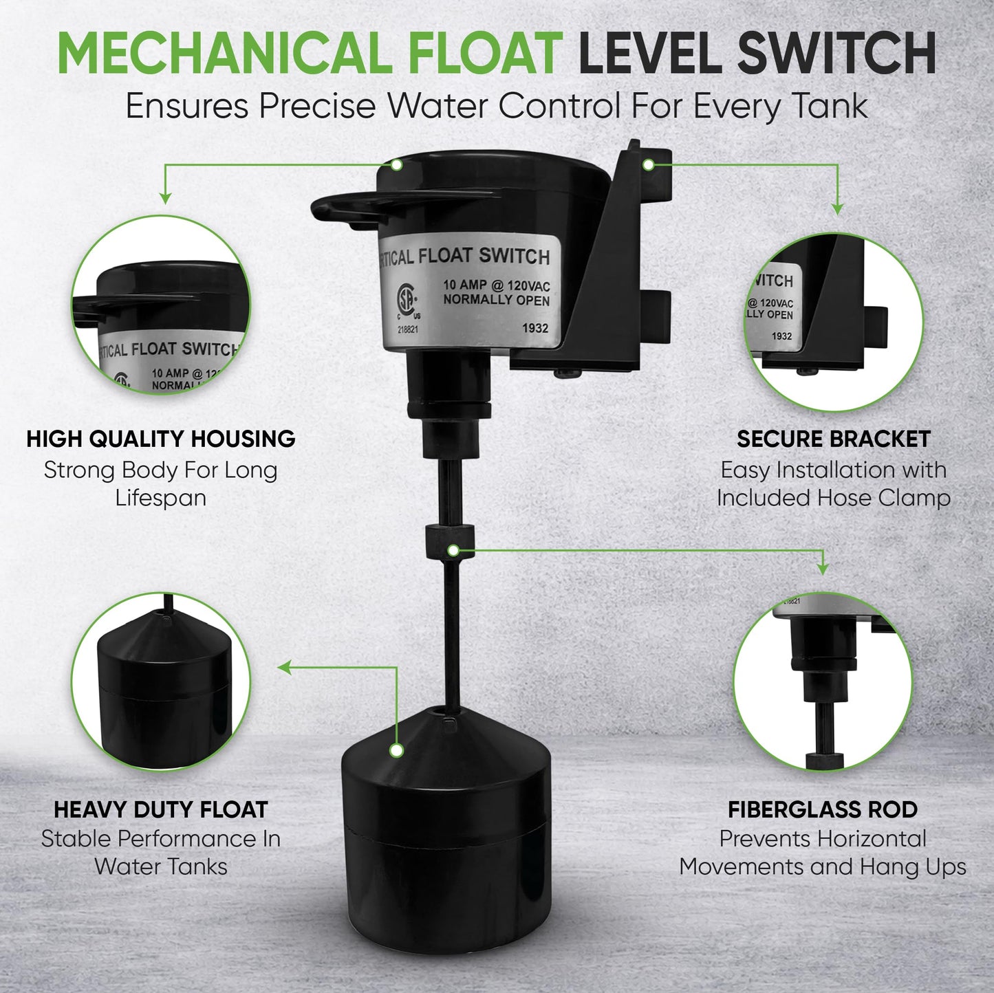 PumpSpy Vertical Float Switch for Sump Pumps – Universal Pump Switch Replacement with 10 ft Cord, Water Level Control