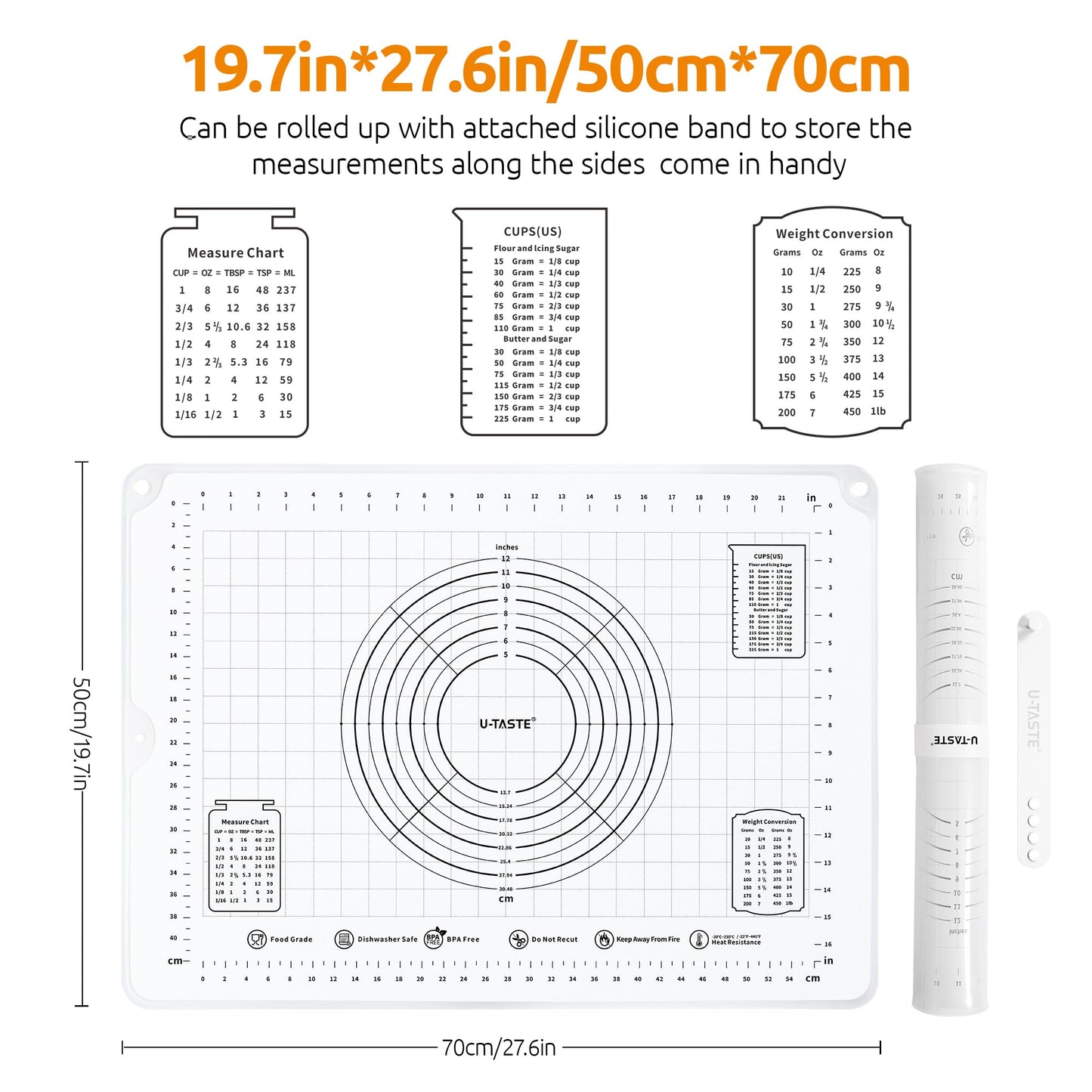U-Taste 28"x20" Large Pastry Mat: Food-Grade Liquid Silicone Dough Rolling Baking Sheet, Non-Stick Non-Slip for Kneading, Making Pizza, Fondant with Clear Measurement and Raised Edges (Transparent)