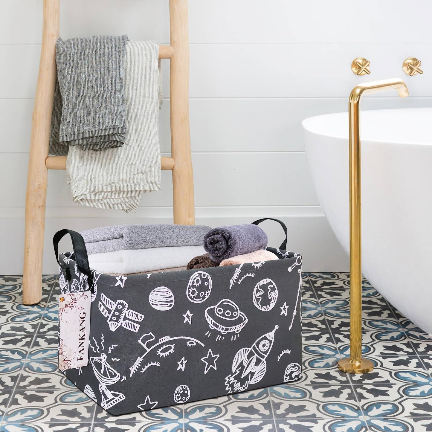 FANKANG Storage Basket,Nursery Hamper Canvas Laundry Basket Foldable with Waterproof PE Coating Storage, Office, Bedroom, Clothes,Toys (Rec-Space Planet)