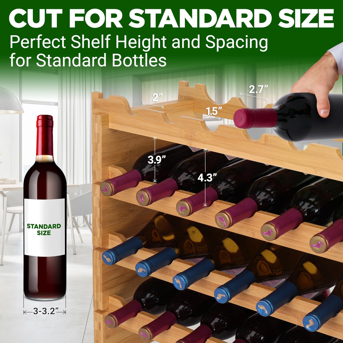 NutriChef 108 Bottle Wine Rack Stackable Bamboo Freestanding, 12 Tier Modular Shelf, Sturdy Wobble Free Upgraded 2026 Design, Easy No-Tool Assembly for Kitchen Cellar or Bar Storage 33.5" x 10" x 63”