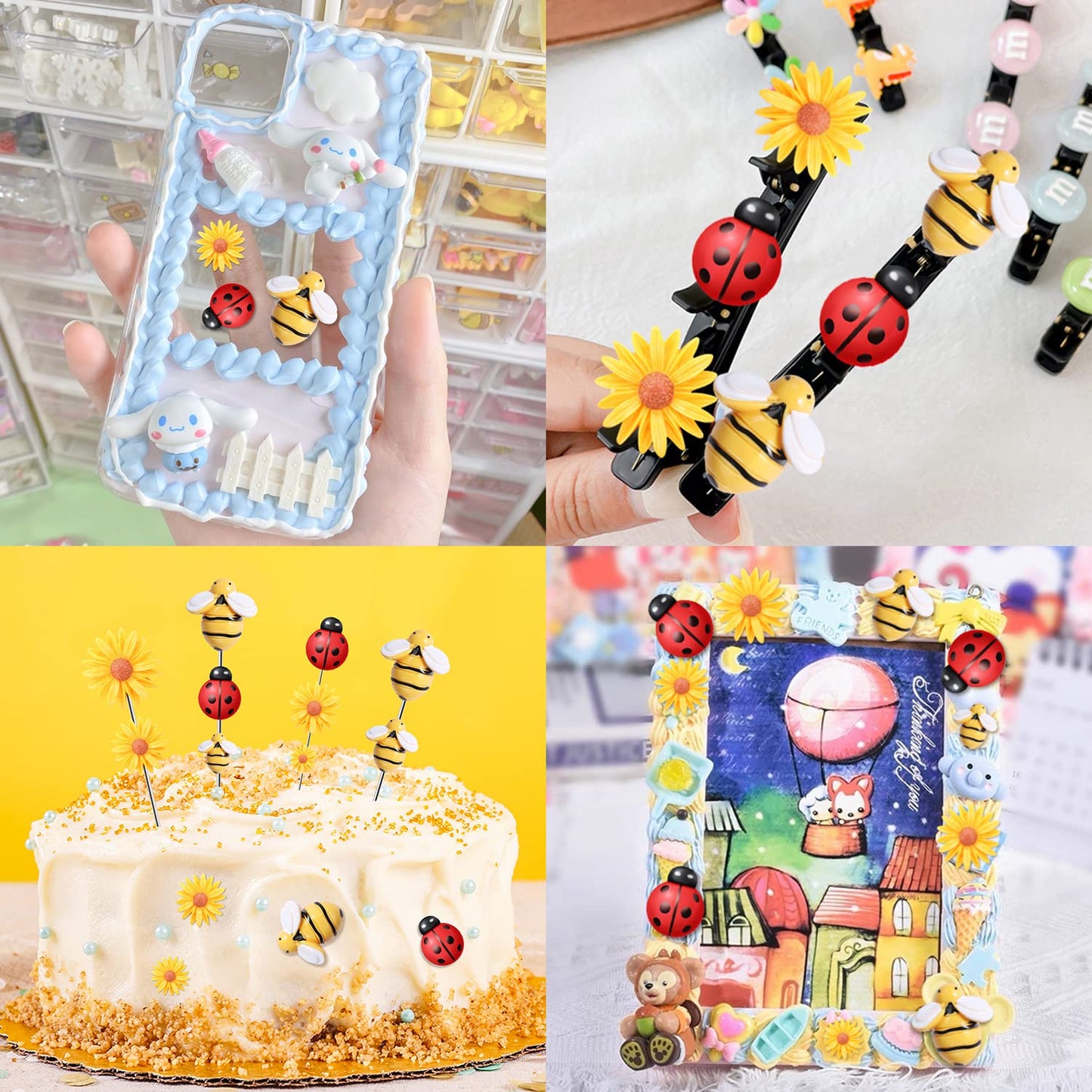 CCOZN 100 Pieces Tiny Resin Bees Daisy Flowers Ladybugs, Flatback Daisy Flowers Bumble Bees Embellishment Bee Decors with Box DIY Wreath Cake Decorations Flowers Bee for Crafts Scrapbooking