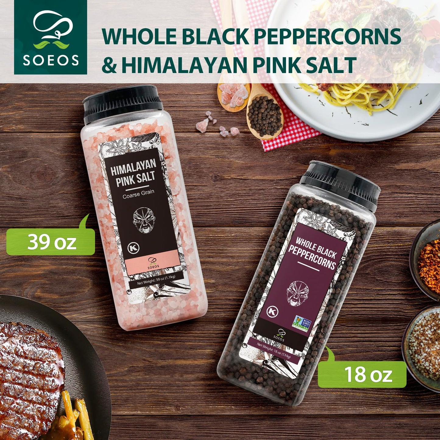 Soeos Himalayan Pink Salt 39 oz + Whole Black Peppercorns 18 oz, Coarse Grain, Kosher Salt for Grinder Refill, Salt and Pepper Grinder, Non-GMO Verified, Spice Seasoning Set for Cooking
