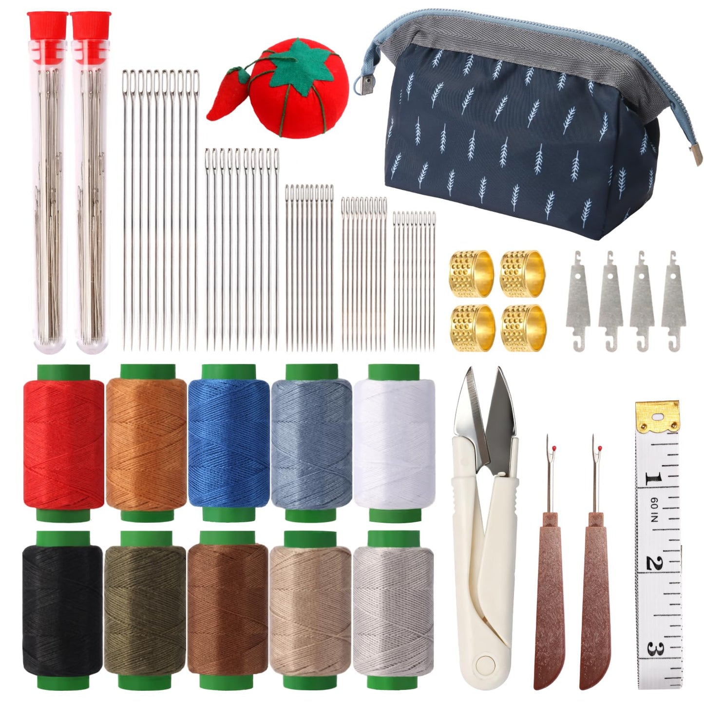 76PCS Big Eye Stainless Steel Sewing Needle Kit, Needle and Thread Kit, Sewing Supplies and Accessories with Scissors Seam Ripper Threaders Measure Tape Thimbles for Home Mom Beginner Traveler