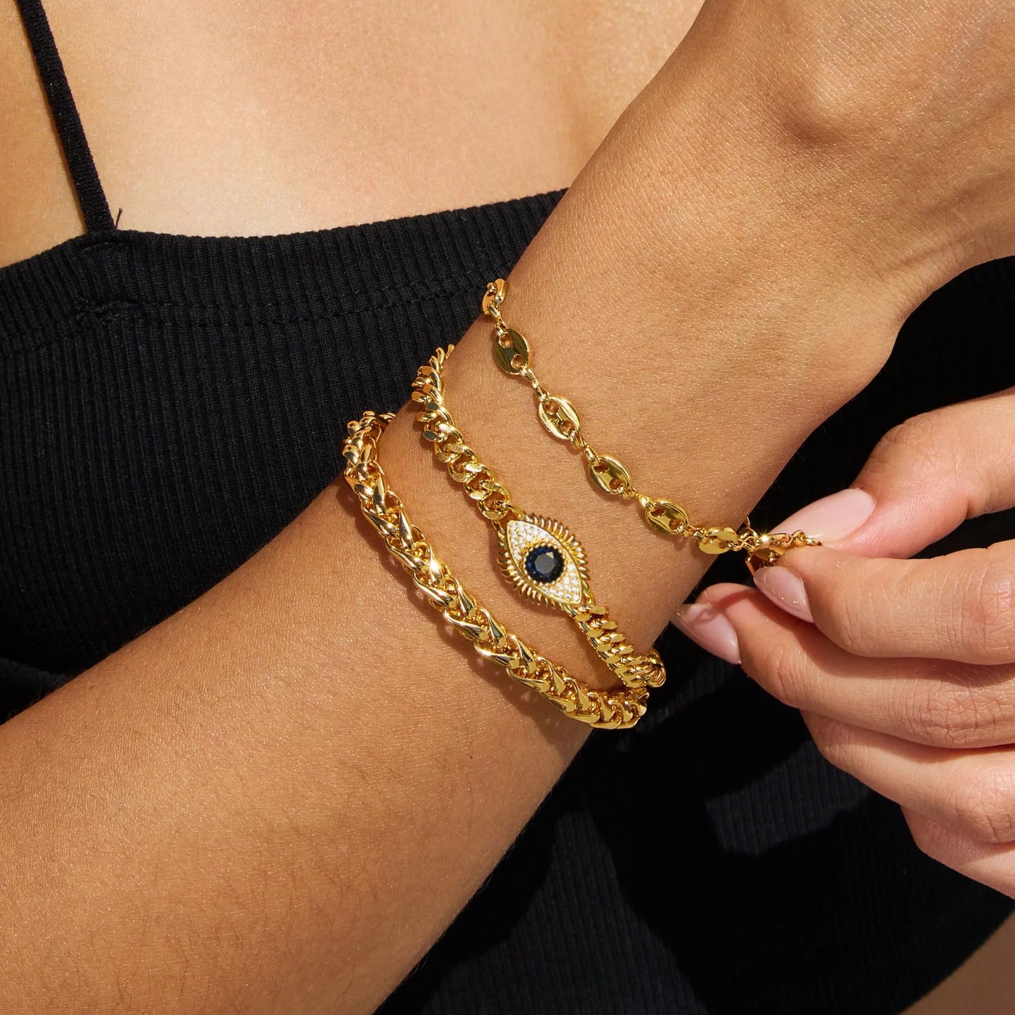 SOFYBJA Dainty 18K Gold Plated Devil’s Eyes Cuban Link Bracelet for Women Adjustable Bracelet Layered Handmade Jewelry