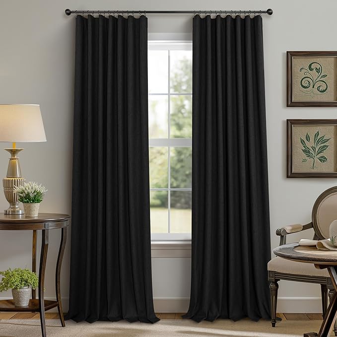 Nursery Blackout Curtains 63 Inch Length for Bedroom 2 Panels Back Tab Pocket Heavy Thick Linen Textured Room Darkening Sound Proof Insulated Thermal Dark Out Black Curtain for Winter 63 Inches Long
