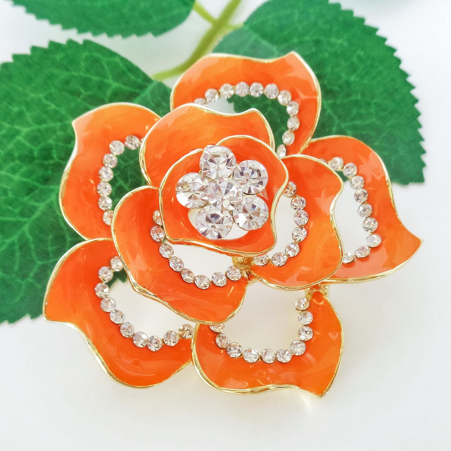 Navachi 18k Gold Plated Crystal Orange Enamel Rose Flower Az7194b Brooch pins