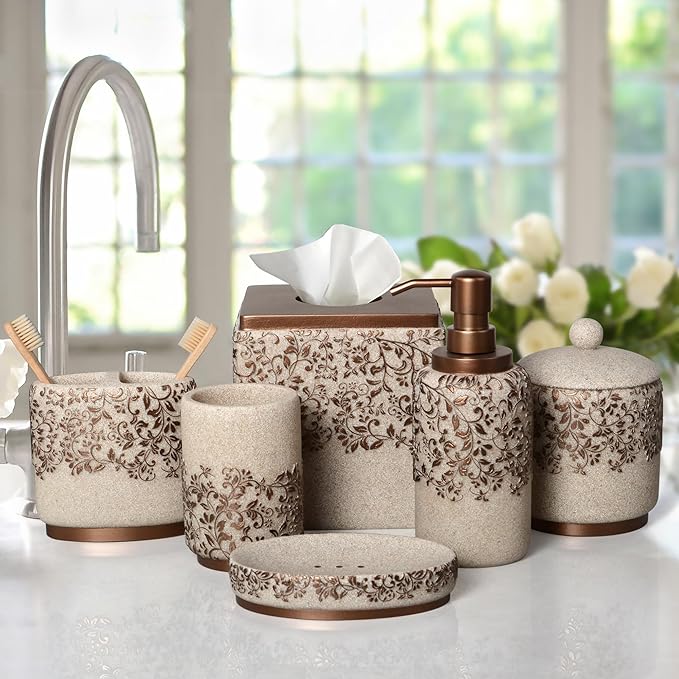 Decozen Bathroom Accessories Set - 6-Piece Modern Bathroom Decor, Countertop Essentials with Soap Dispenser - Birthday Gifts, Beige