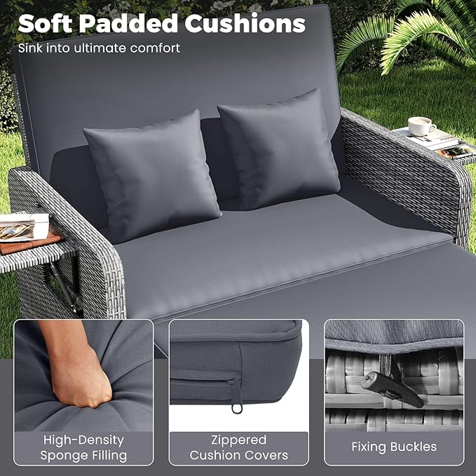 HAPPYGRILL Patio Rattan Wicker Daybed with Loveseat & Storage Ottoman, Outdoor Lounge Sofa Furniture Set with Adjustable Backrest & Side Trays, for Poolside Deck Porch Lawn (Mix Grey & Grey)