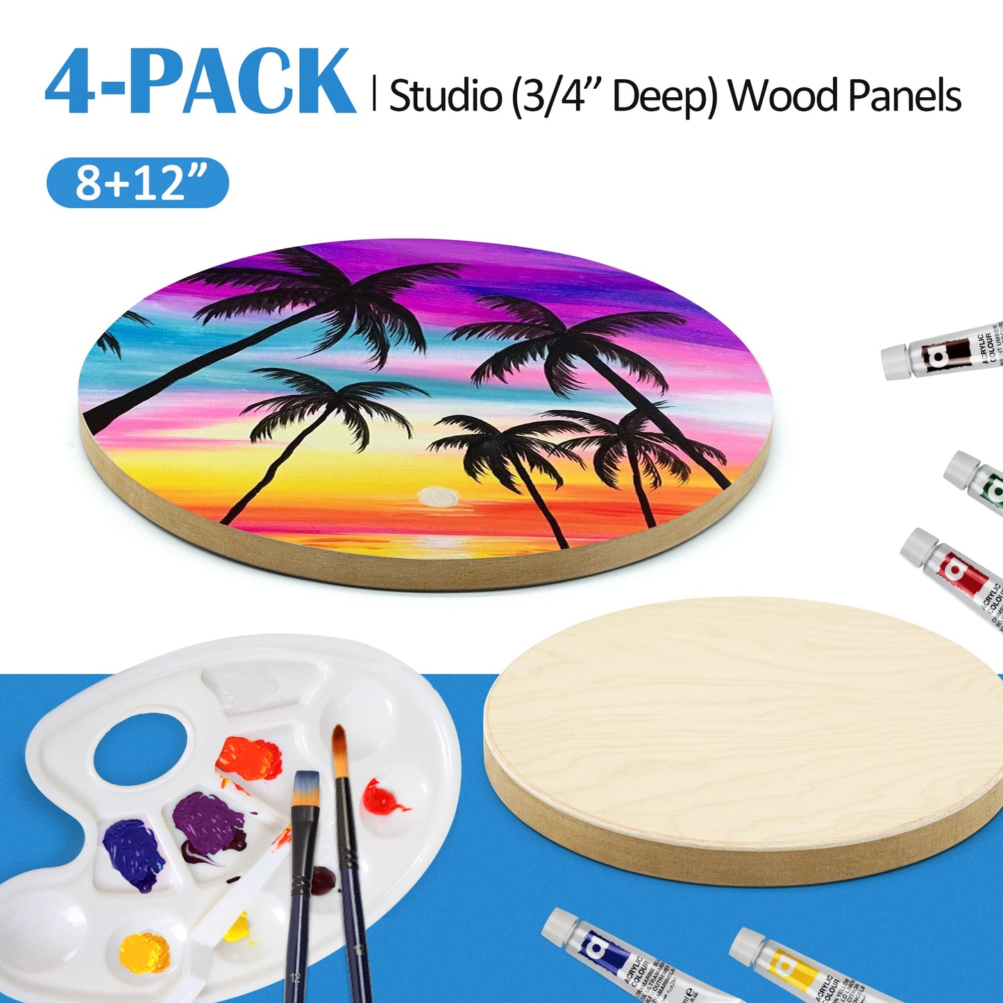 Falling in Art Unfinished Round Birch Wood Canvas Panels Kit, 4 Pack of 2 Sizes 8' and 12' Studio 3/4’’ Deep Cradle Boards for Pouring Art, Crafts, Painting, and More