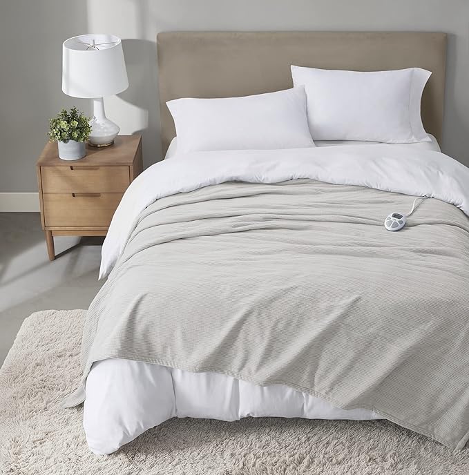 Serta Travis Fleece Ultra Soft Tri-Rib Textured Electric Blanket, Cozy and Snuggly Cover Fast Heating for Cold Weather, Auto Shut Off, Multi Heat Setting Controller, Twin, Pumice Stone Grey