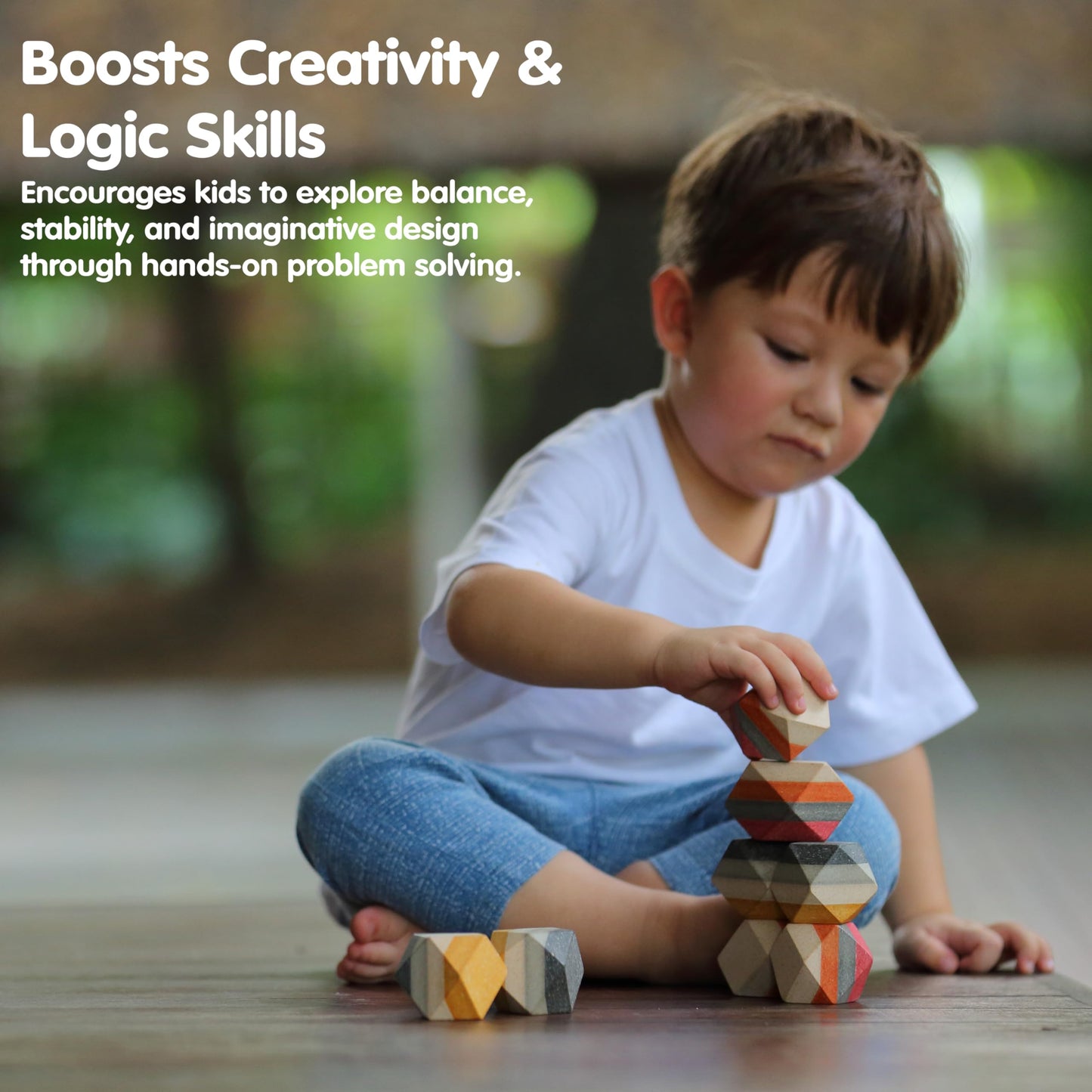 PlanToys® Geo Stacking Rock Wooden Montessori Balancing and Fine Motor Toy | Creative Thinking, Coordination and Early Problem Solving Activity | Eco Friendly Educational Open Ended Play Set