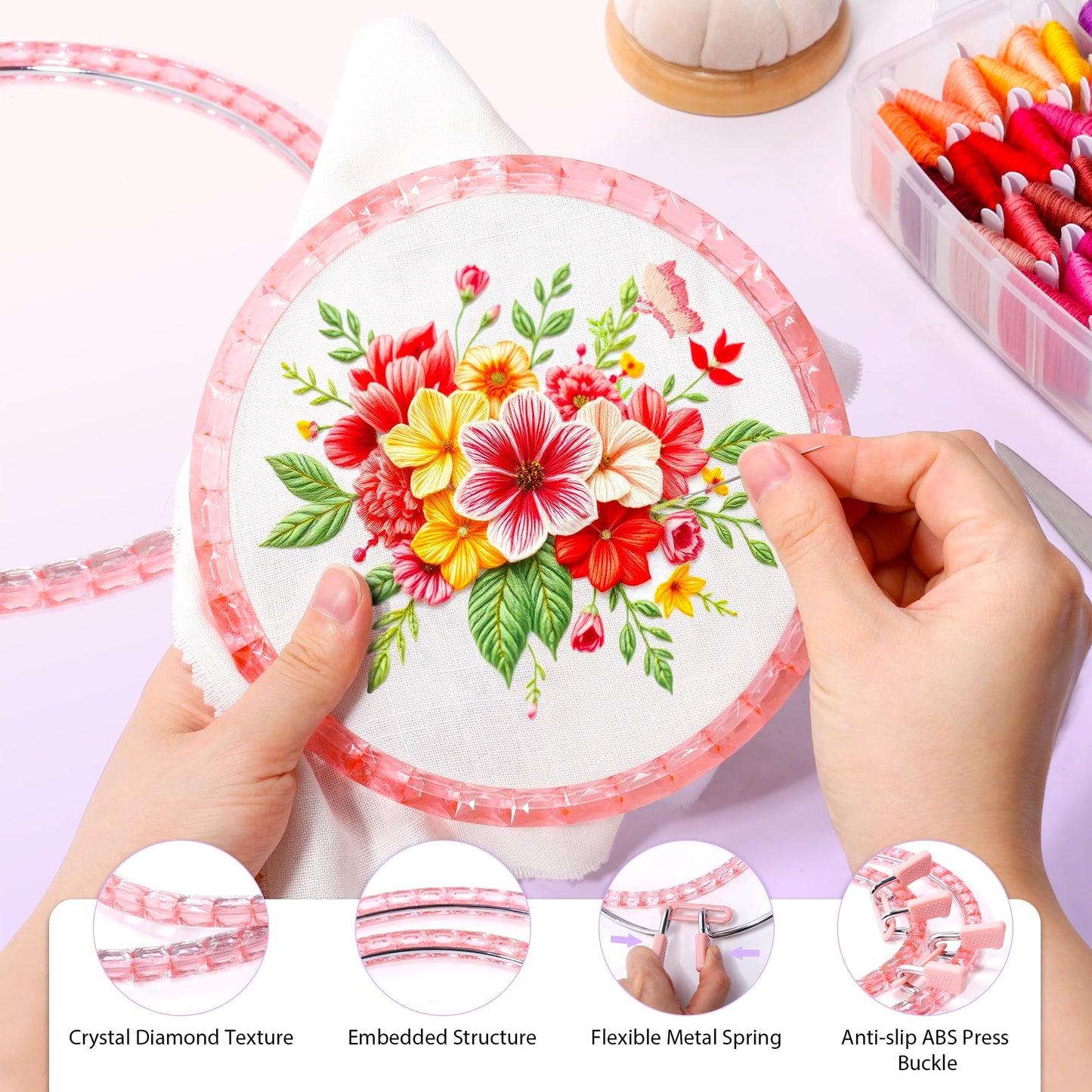 Caydo Metal Spring Tension Embroidery Hoops for DIY Embroidery Project, 2 Sizes Cross Stitch Hoops with Metal Ring, Pink Round Darning Hoops for Art Craft Sewing & Home Ornaments (6 Inch, 8 Inch)