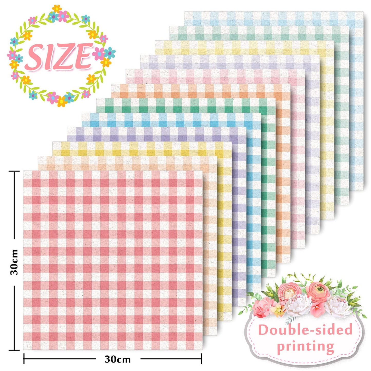 Whaline 24pcs Spring Pastel Plaid Pattern Paper 12 Designs Gingham Double-Sided Scrapbook Paper for DIY Crafts Scrapbook Photo Album Decor, 11.8 x 11.8 Inch