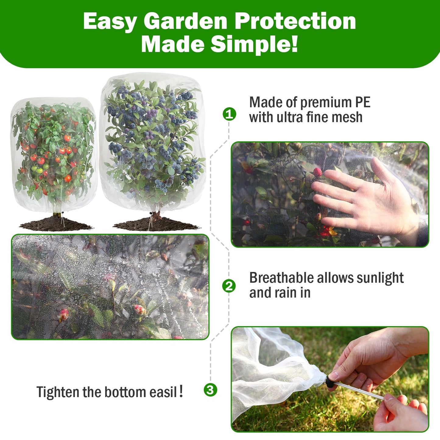 6 Pack Garden Netting for Plants 2.6x3.3ft - 3.3x4.9ft Mesh Fruit Tree Blueberry Pest Barrier Bug Netting with Drawstring 2-Size Insect Bird Netting for Tomato Vegetable Net