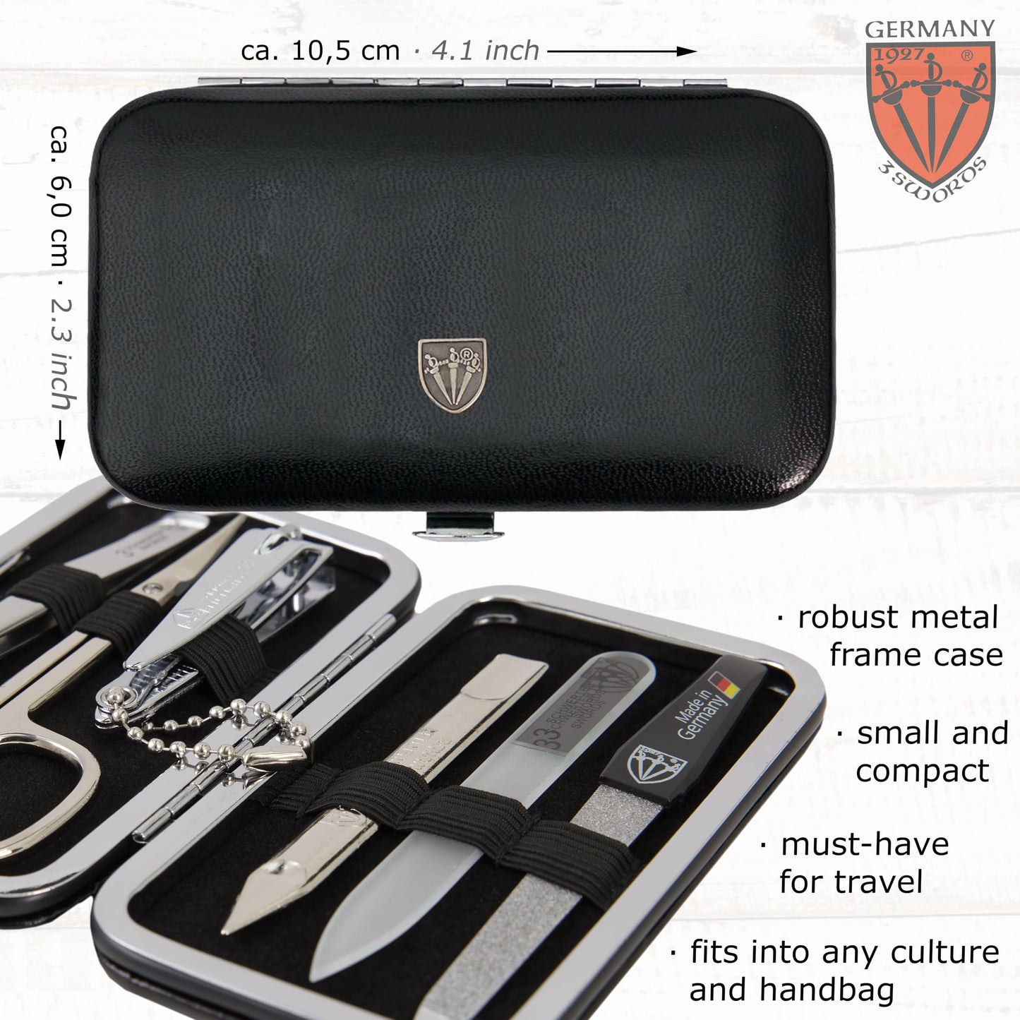 3 Swords Germany - Brand Quality 6 piece Manicure Pedicure Grooming kit Set - Scissors, Metal and Glass Nail File, Clipper, Tweezers with Synthetic Leather case - Black