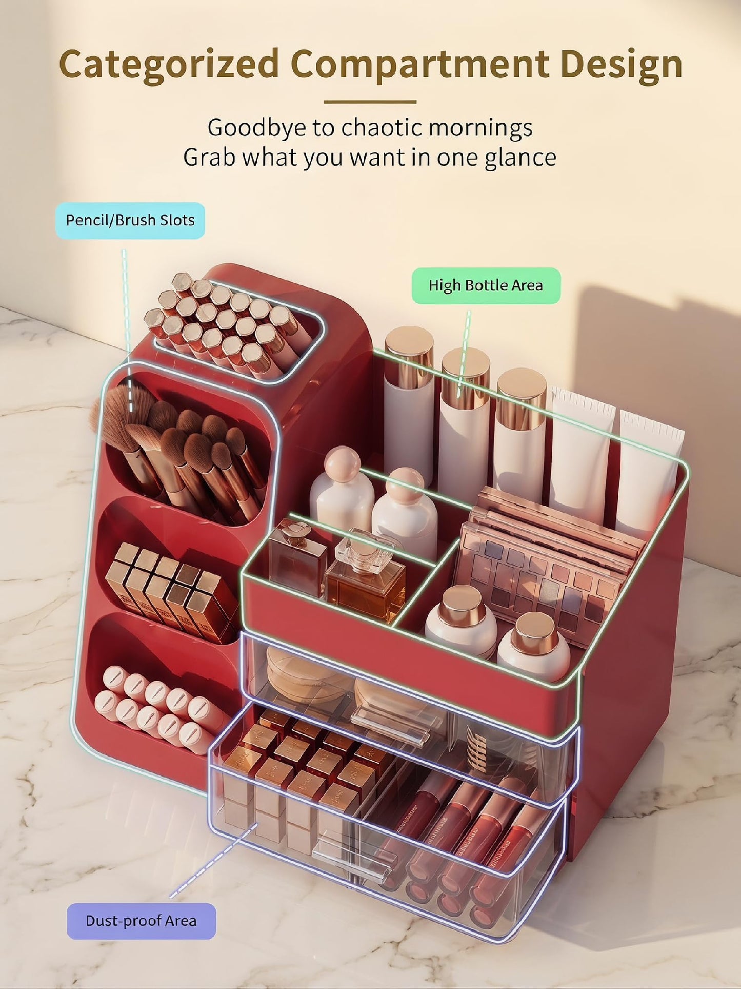 Booklov Makeup Organizer for Vanity, Large Capacity Cosmetic Display Case with Clear Acrylic Drawers, Countertop Beauty Storage Holder for Skincare, Brush Eyeshadow Lipstick, Counter Desk, Crystal Red