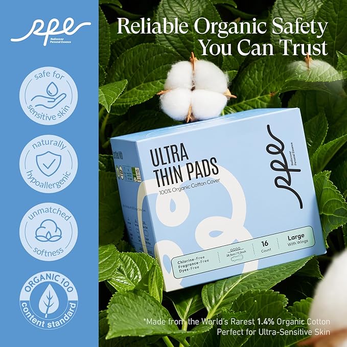 100% Large Organic Pads for Women, Ultra Thin Heavy Flow Sanitary Pads with Wings, Super Absorbency Feminine Pads Extra Coverage Period Pads, Unscented Cotton Pads Menstrual (Large, Size 4, 96ct)