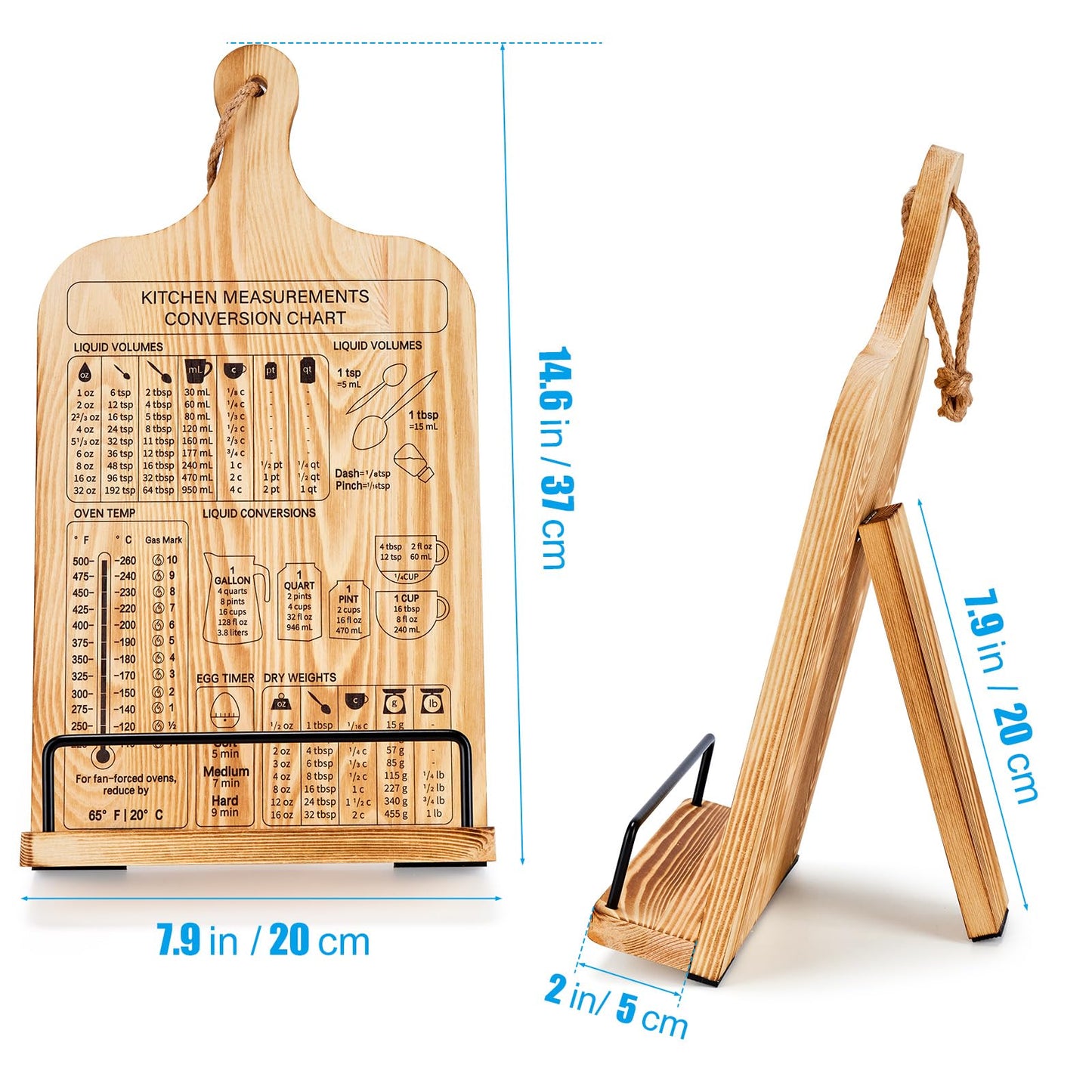 Housejoy Wooden Cookbook Stand with 2 Aprons, Hieght Adjustable Bookholder for Kitchen Counter, Cookbook Holder Stand Wood Sturdy with Measurement Conversion Chart, Foldable Easel for Kitchen
