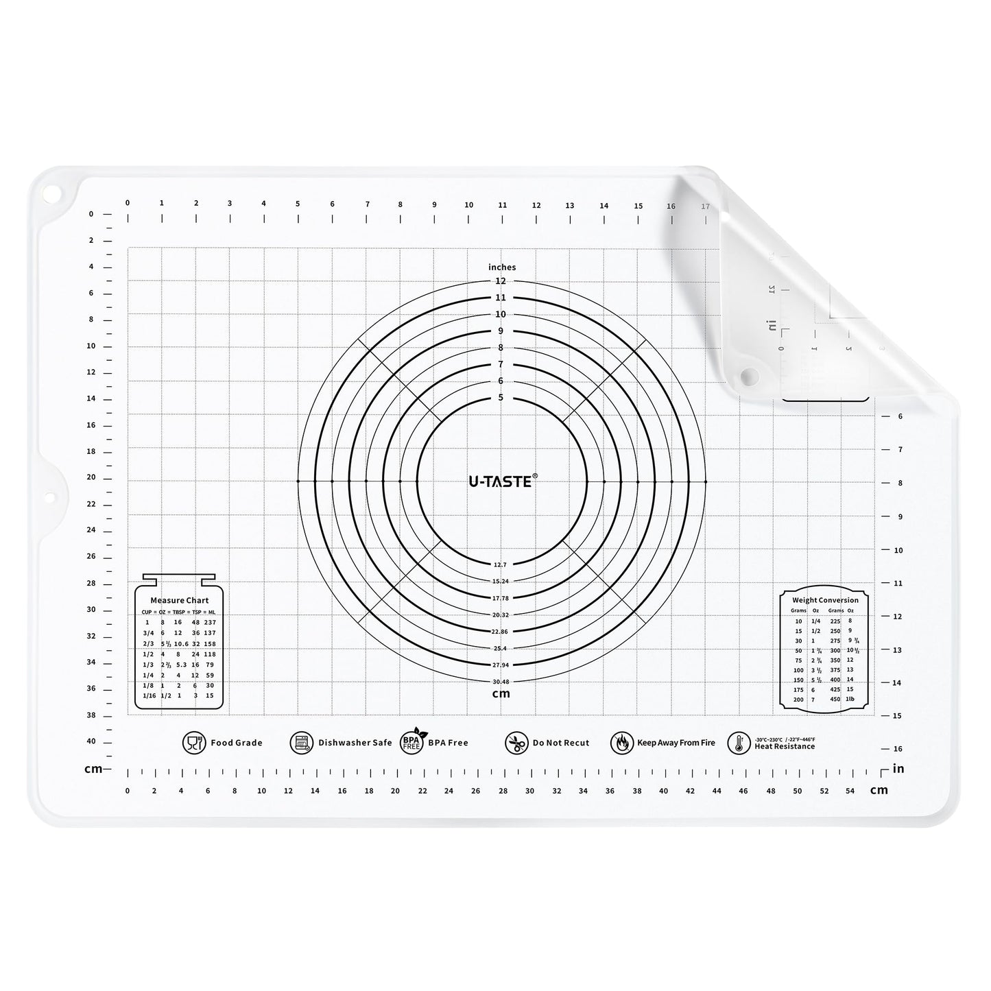 U-Taste 28"x20" Large Pastry Mat: Food-Grade Liquid Silicone Dough Rolling Baking Sheet, Non-Stick Non-Slip for Kneading, Making Pizza, Fondant with Clear Measurement and Raised Edges (Transparent)