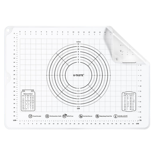 U-Taste 28"x20" Large Pastry Mat: Food-Grade Liquid Silicone Dough Rolling Baking Sheet, Non-Stick Non-Slip for Kneading, Making Pizza, Fondant with Clear Measurement and Raised Edges (Transparent)