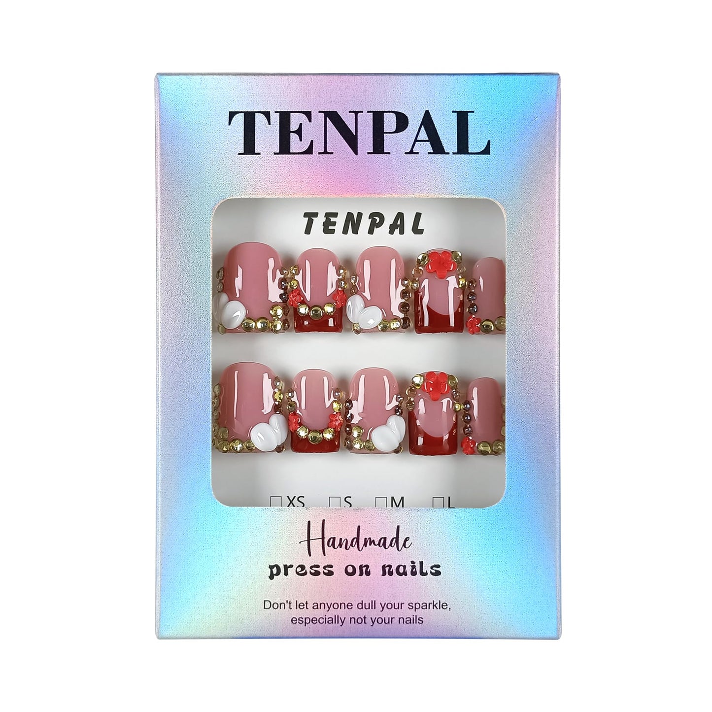 TENPAL Short Squoval Press on Nails - Red French Tip with Rhinestone Edge & Floral | Nude Pink Glossy Fake Nails | Clean Girl Manicure Set(M)