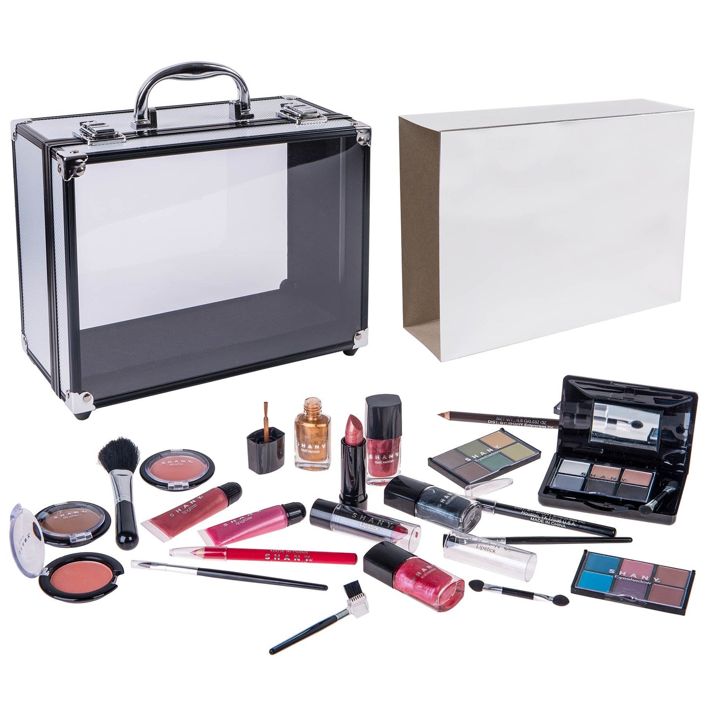 SHANY Carry All Trunk Makeup Train Case with Re-usable Aluminum Beauty Storage Organizer Case. Make up Set with Eye palettes, Blushes,Face Powders, Manicure, Pedicure and Cosmetics Brushes. GIFT SET