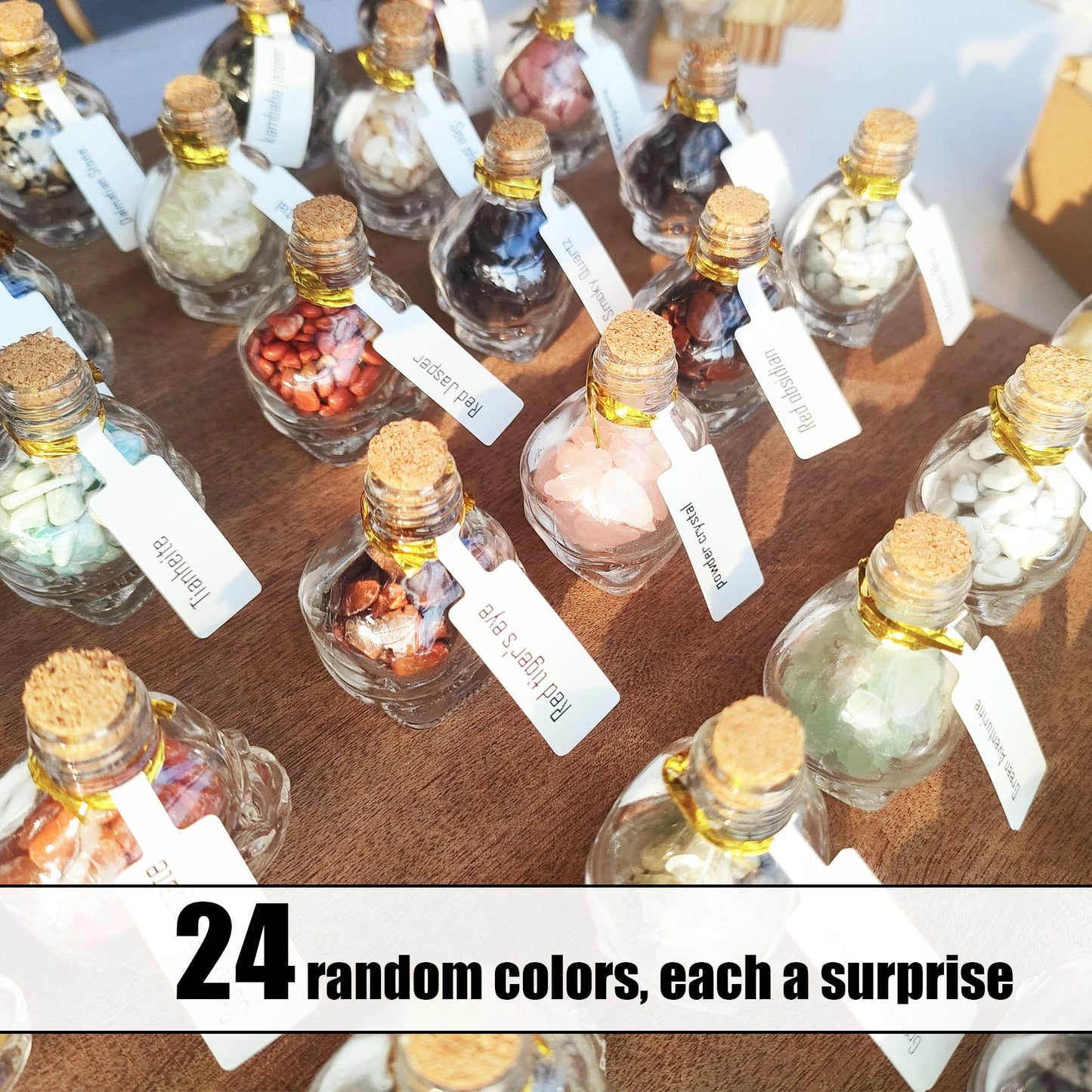 MINELEVEN 24Pcs Crystals and Healing MINI Stones with Skull Spell Jars-Crystal Chakra Stones Cute Glass Bottle-Healing Crystals