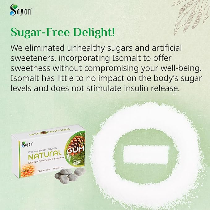 Sayan Sugar Free All Natural Gum, Siberian Pine Tree Resin and Beeswax Chewing Gum for Fresh Breath, Vegetarian, Non-GMO, No Sugar, Gluten Free, Aspartame Free, No Preservatives - 4 Packs (64 Pieces)