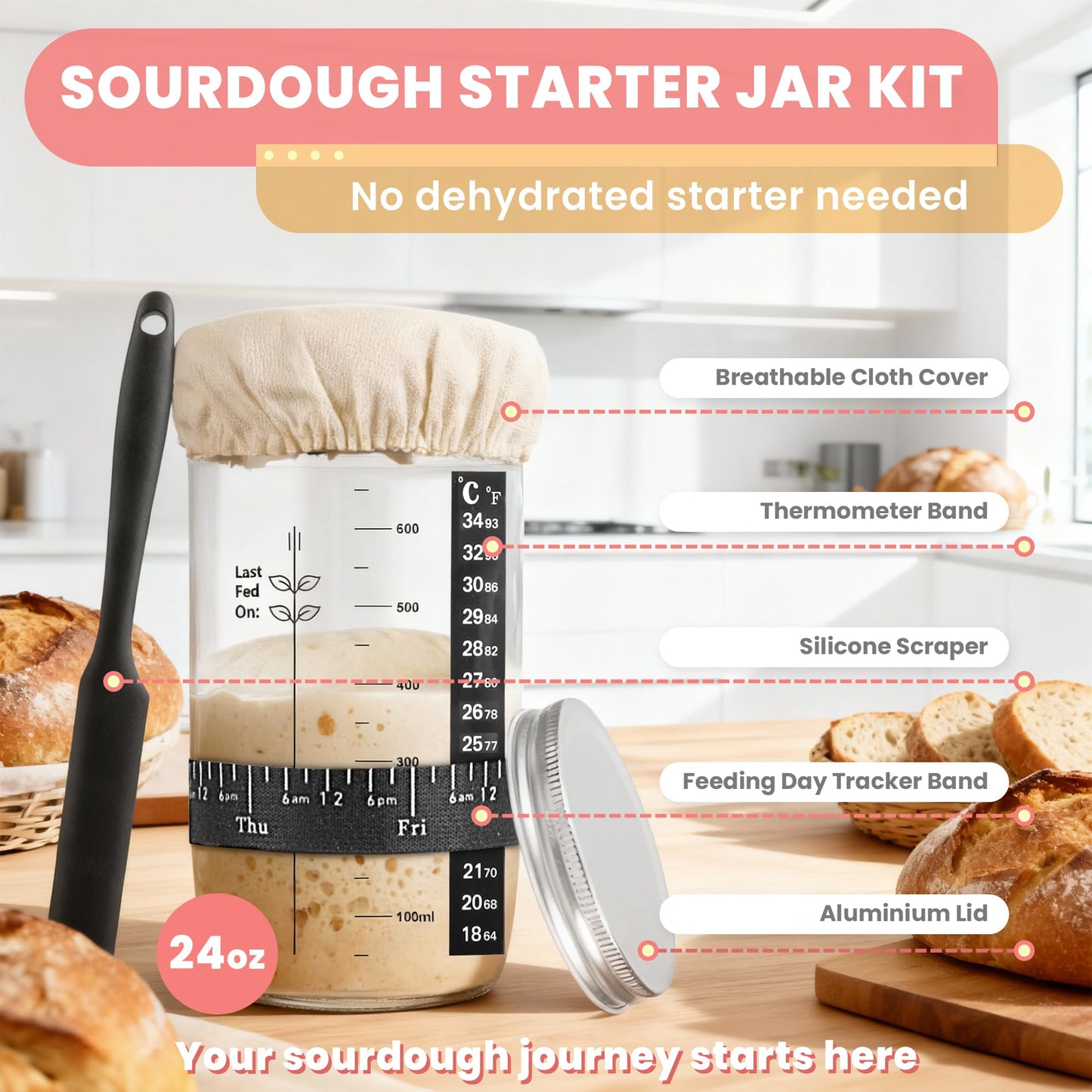 Complete Sourdough Starter Kit, Sourdough bread baking supplies, Great Gift Beginners Bread Makers 24oz Fermentation Jar 9" and 10" Silicone Banneton Bread Proofing Basket, sour dough Whisk,18 in 1